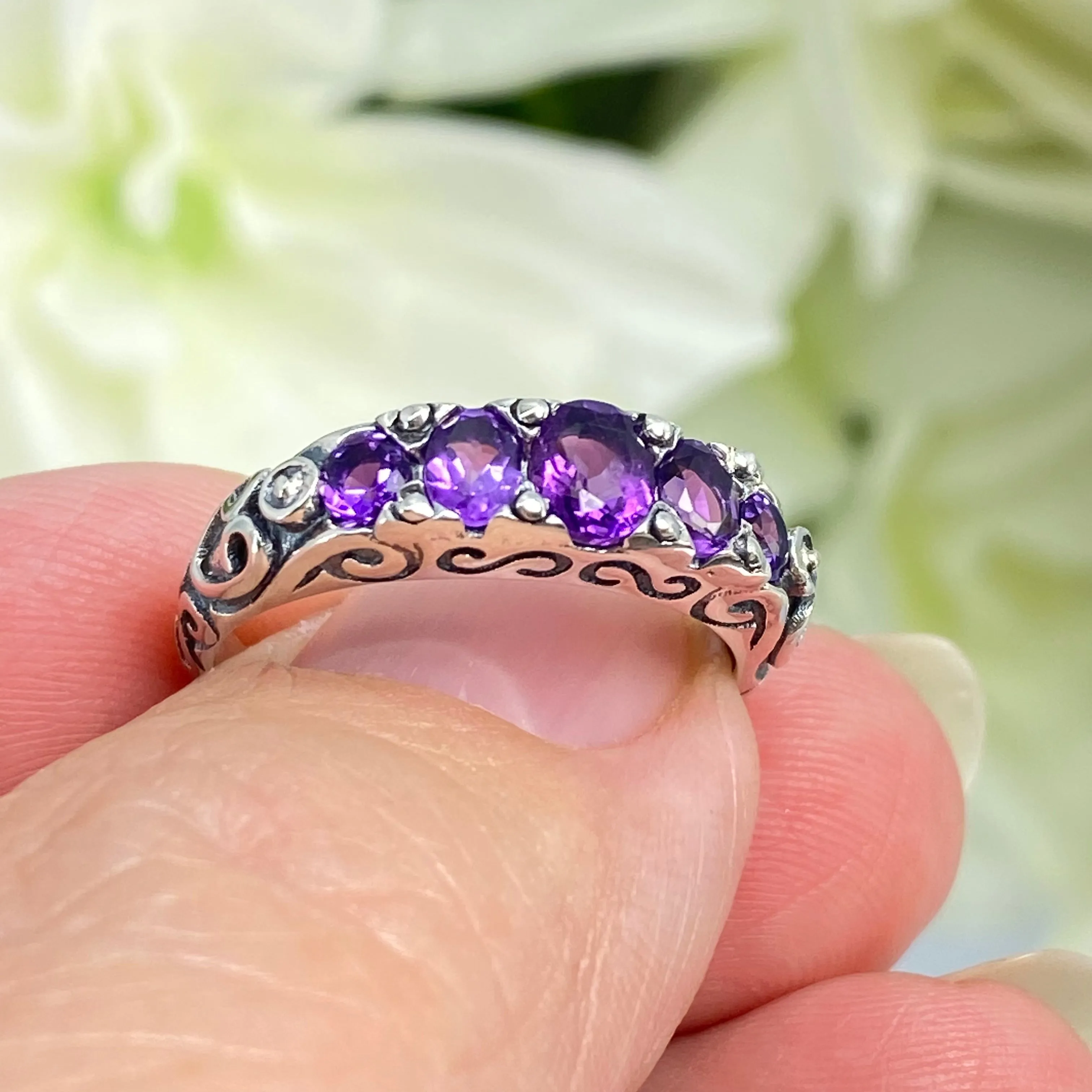Natural Amethyst Ring, 5-stone Georgian Victorian Jewelry #D19