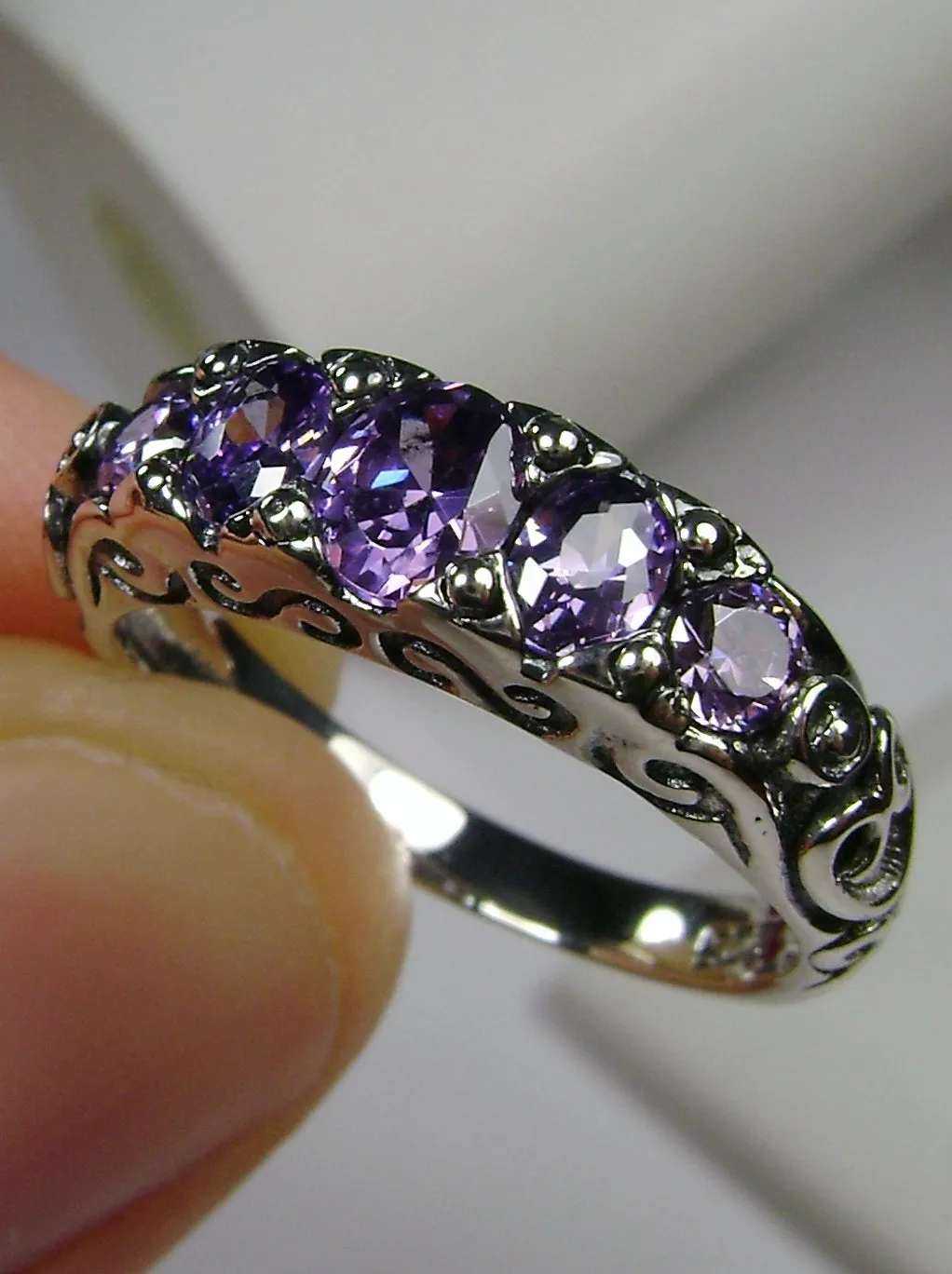 Natural Amethyst Ring, 5-stone Georgian Victorian Jewelry #D19