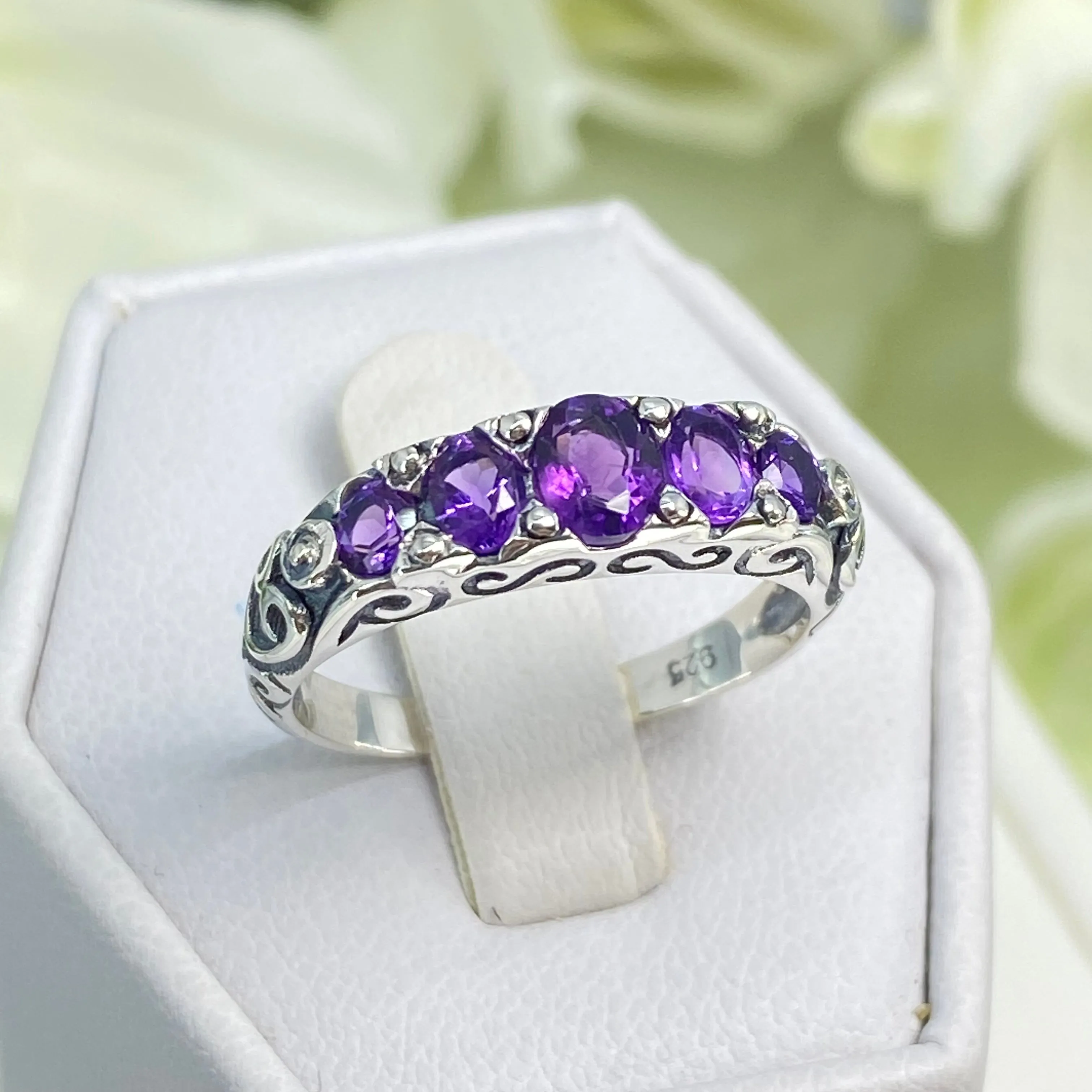 Natural Amethyst Ring, 5-stone Georgian Victorian Jewelry #D19
