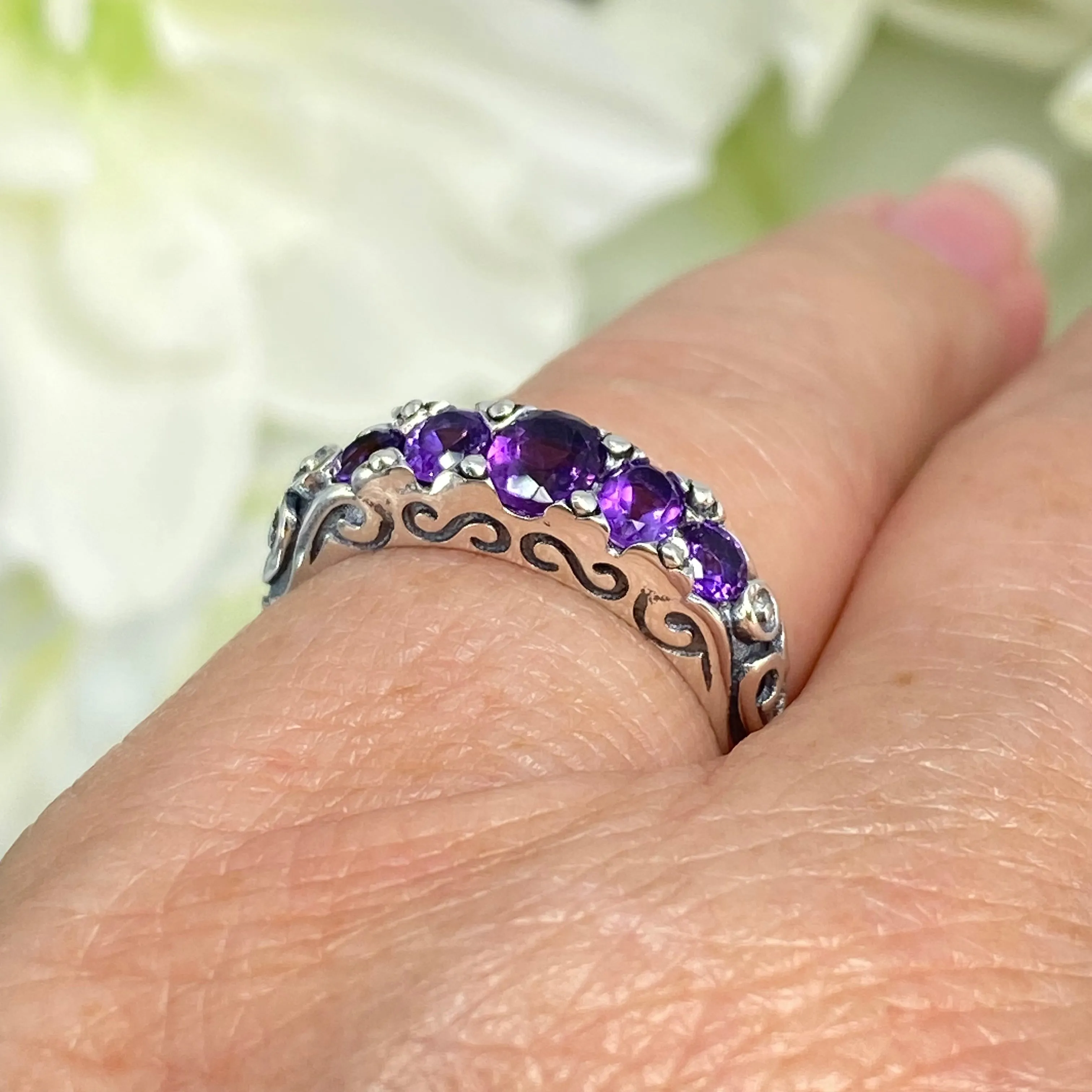 Natural Amethyst Ring, 5-stone Georgian Victorian Jewelry #D19