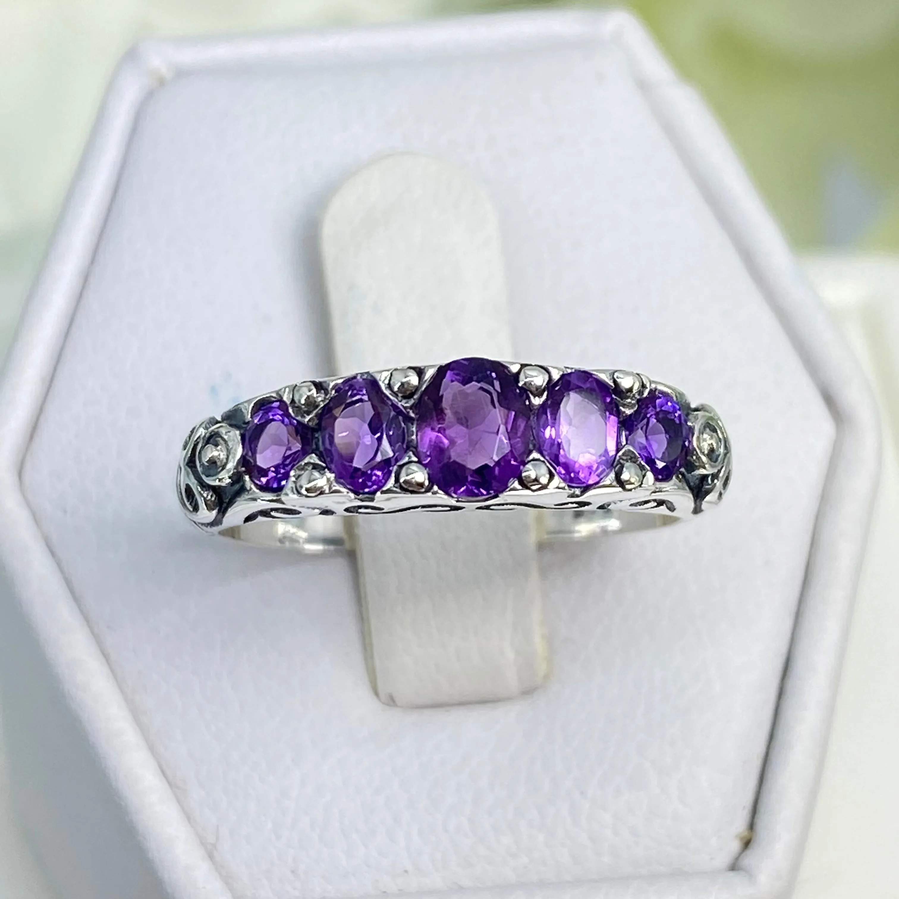 Natural Amethyst Ring, 5-stone Georgian Victorian Jewelry #D19