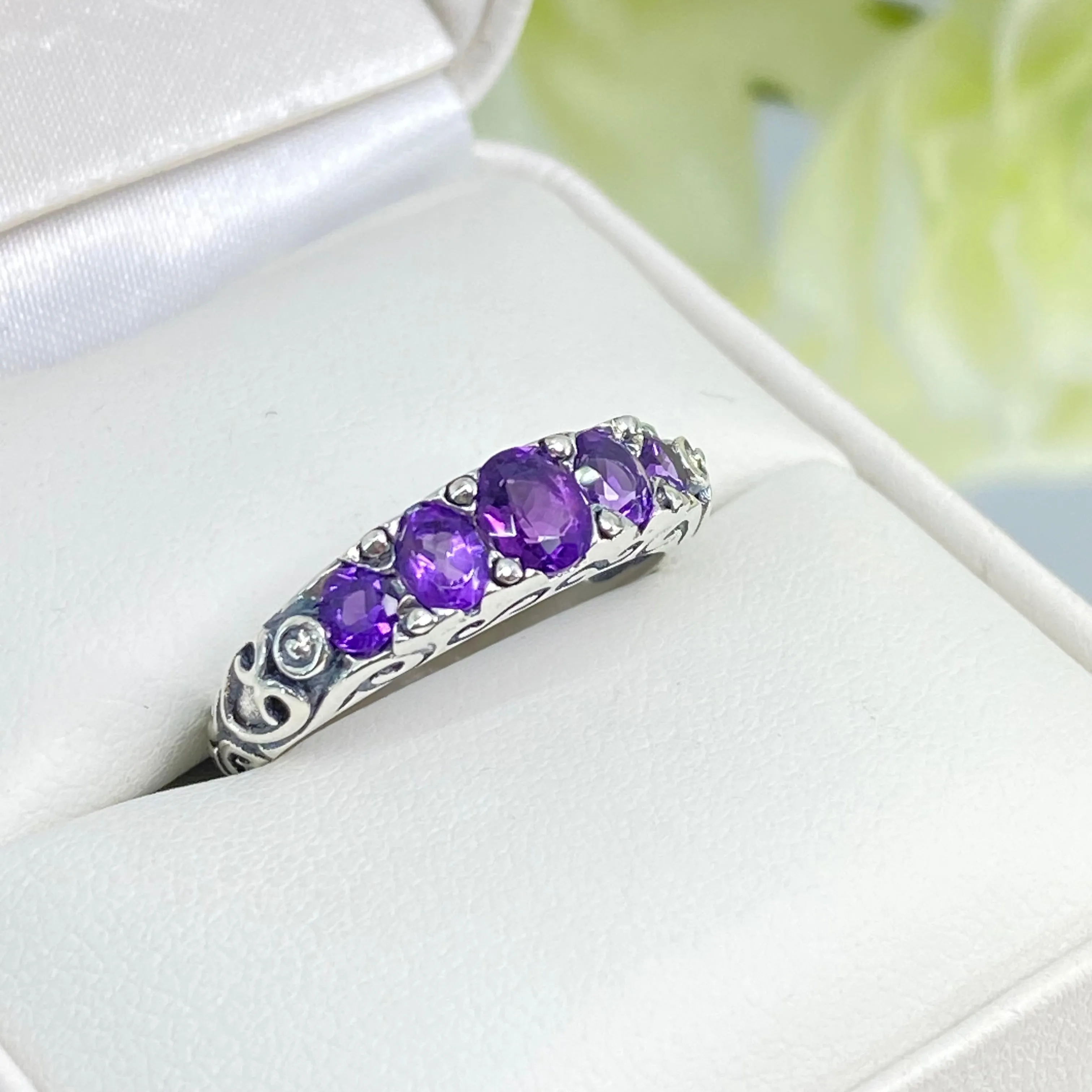 Natural Amethyst Ring, 5-stone Georgian Victorian Jewelry #D19
