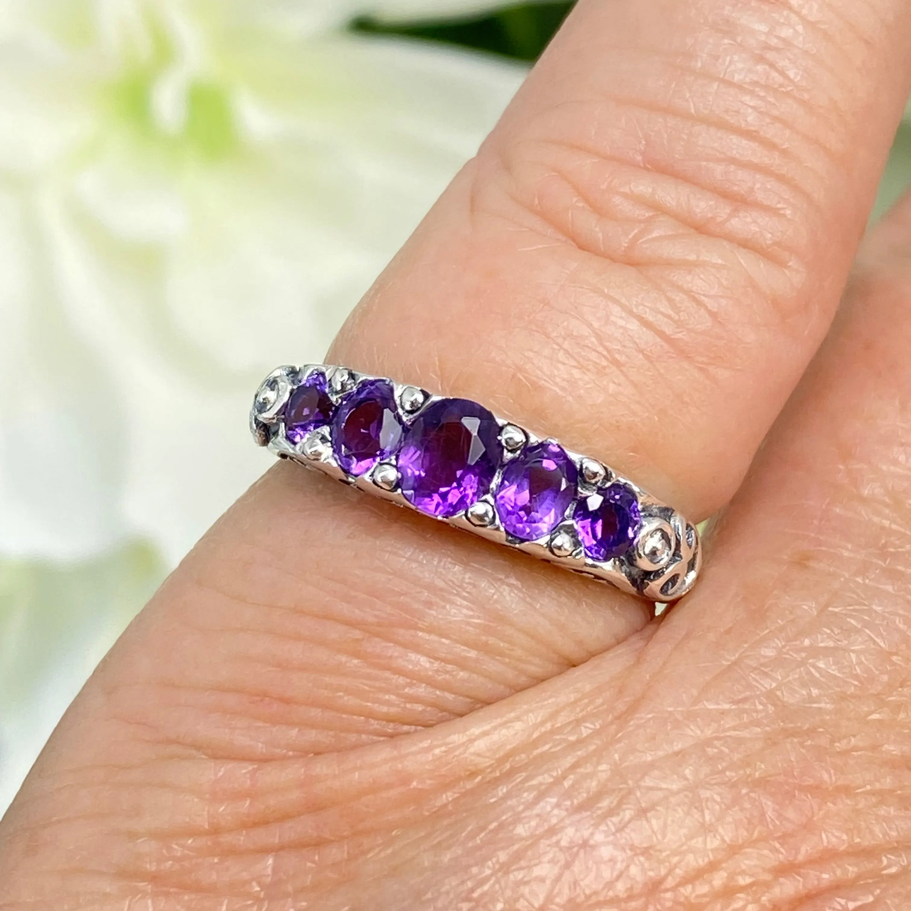 Natural Amethyst Ring, 5-stone Georgian Victorian Jewelry #D19