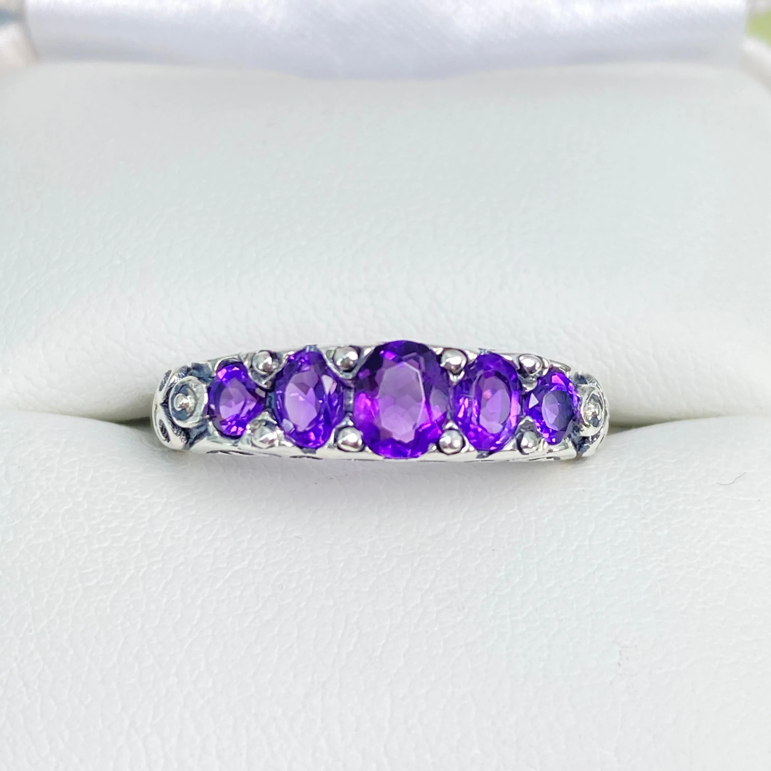 Natural Amethyst Ring, 5-stone Georgian Victorian Jewelry #D19