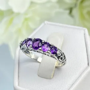 Natural Amethyst Ring, 5-stone Georgian Victorian Jewelry #D19