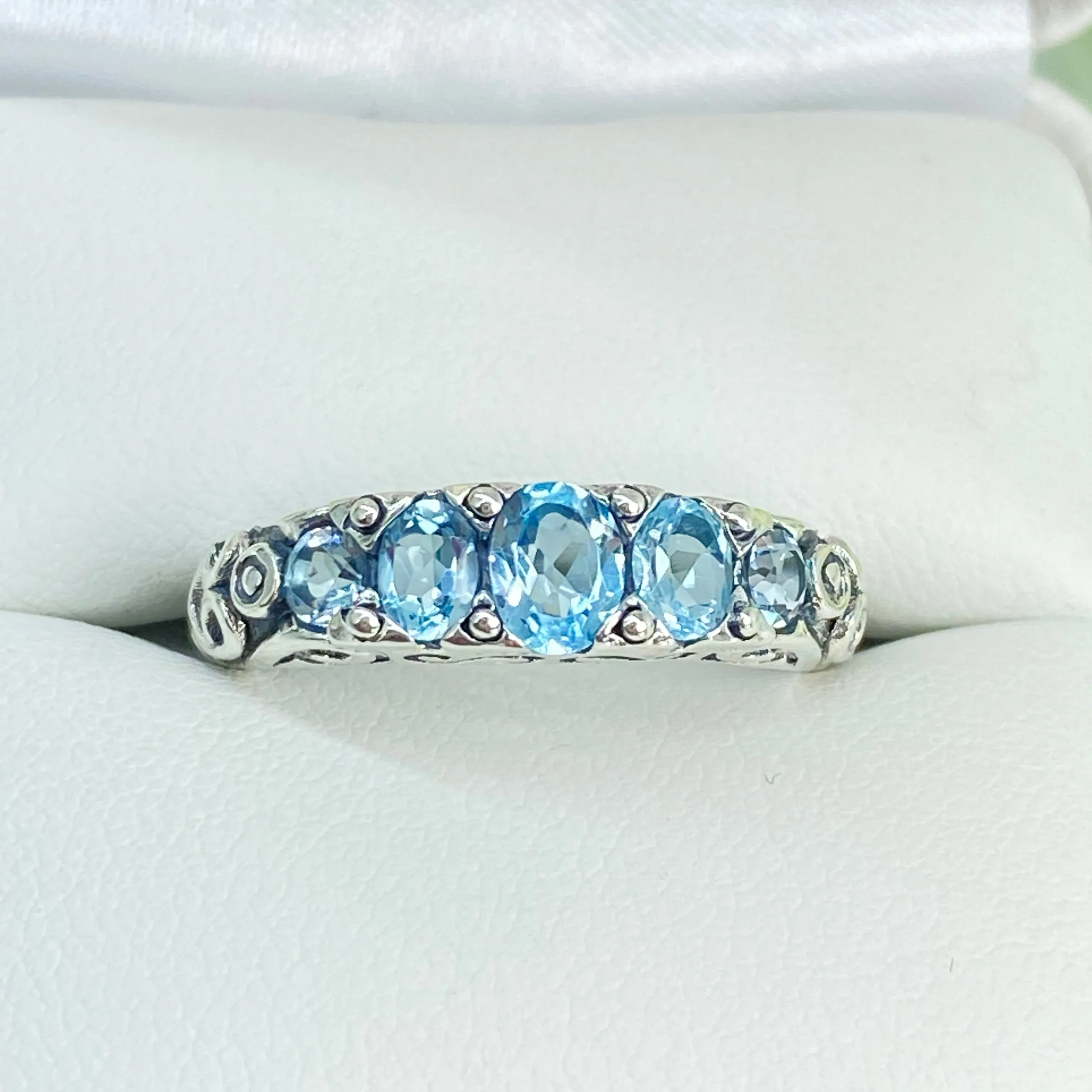 Natural Blue Topaz Ring, 5-Stone Georgian Ring, Victorian Jewelry Design#D19