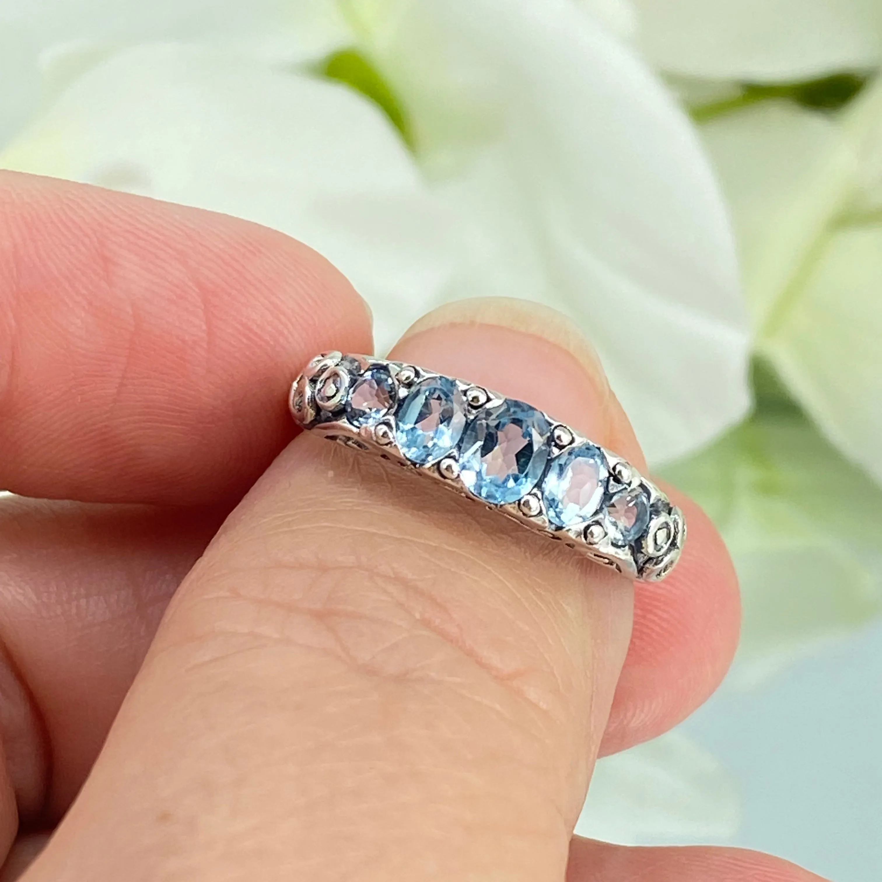 Natural Blue Topaz Ring, 5-Stone Georgian Ring, Victorian Jewelry Design#D19