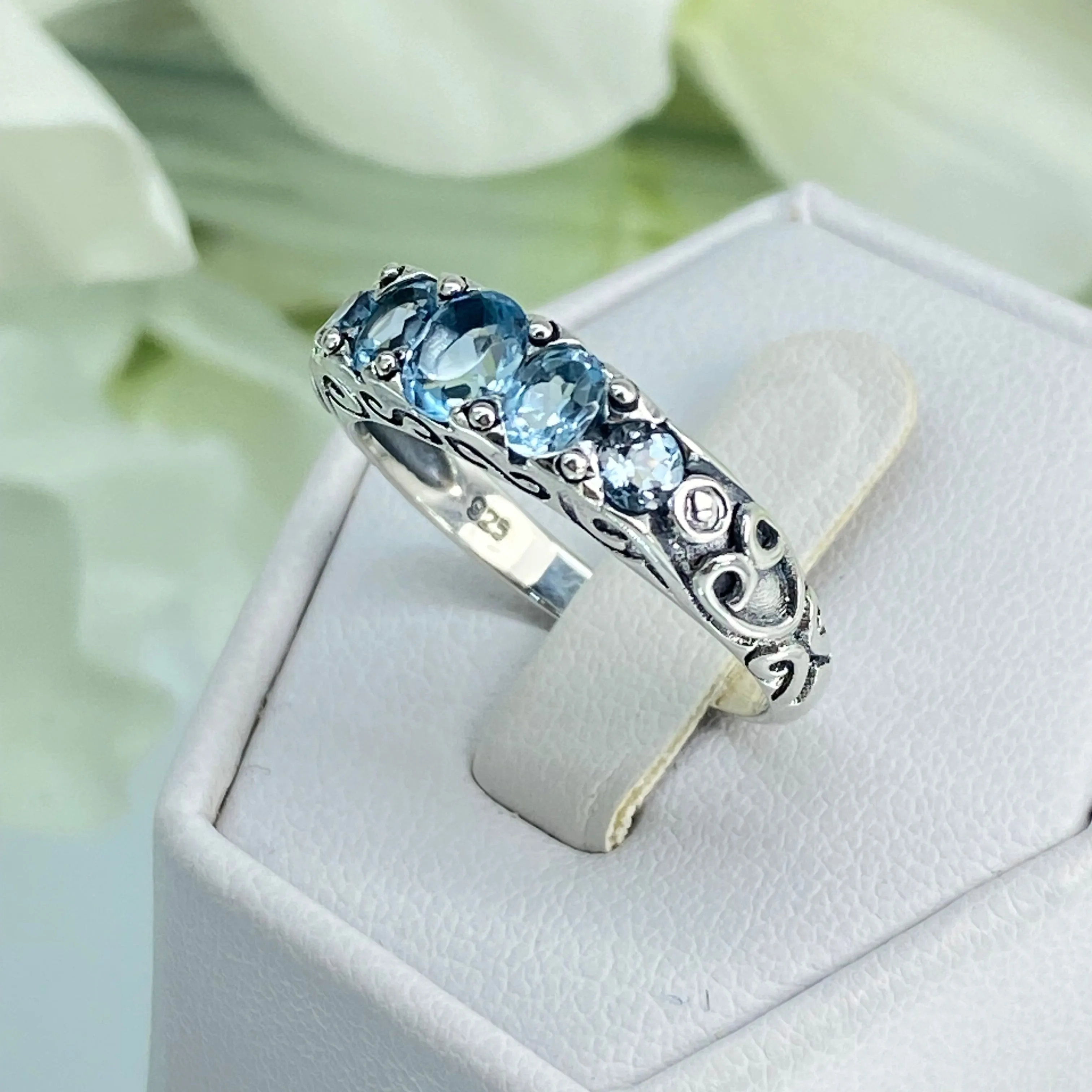 Natural Blue Topaz Ring, 5-Stone Georgian Ring, Victorian Jewelry Design#D19
