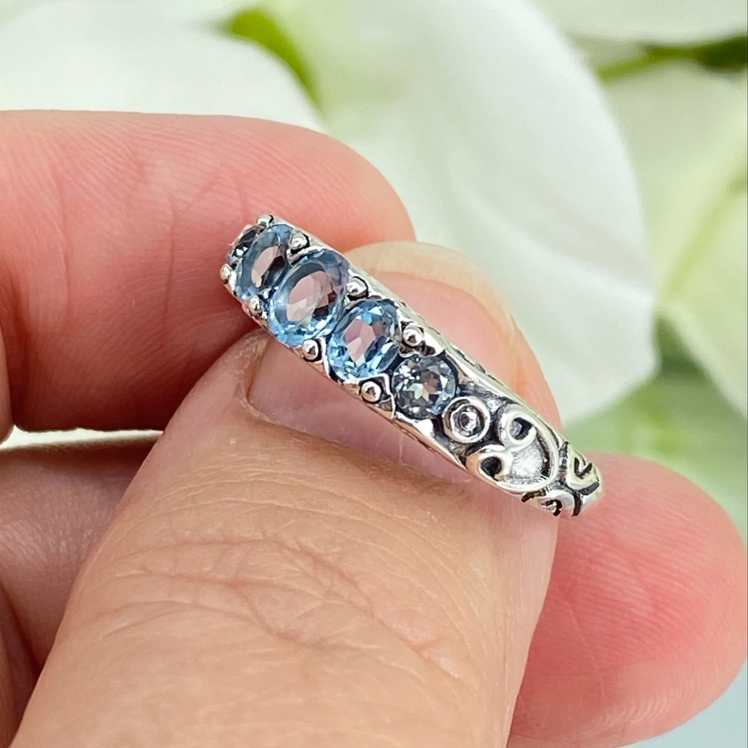 Natural Blue Topaz Ring, 5-Stone Georgian Ring, Victorian Jewelry Design#D19