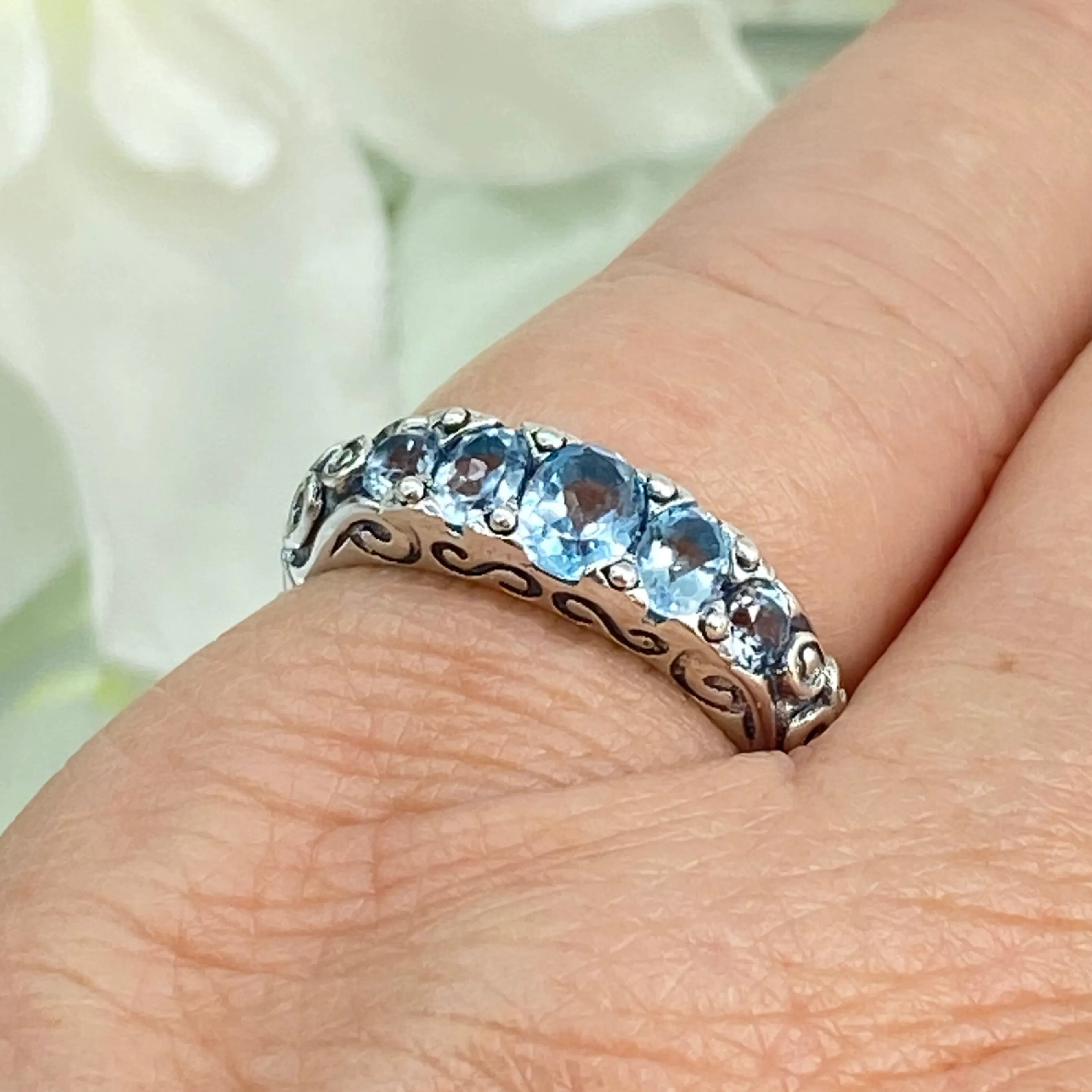 Natural Blue Topaz Ring, 5-Stone Georgian Ring, Victorian Jewelry Design#D19