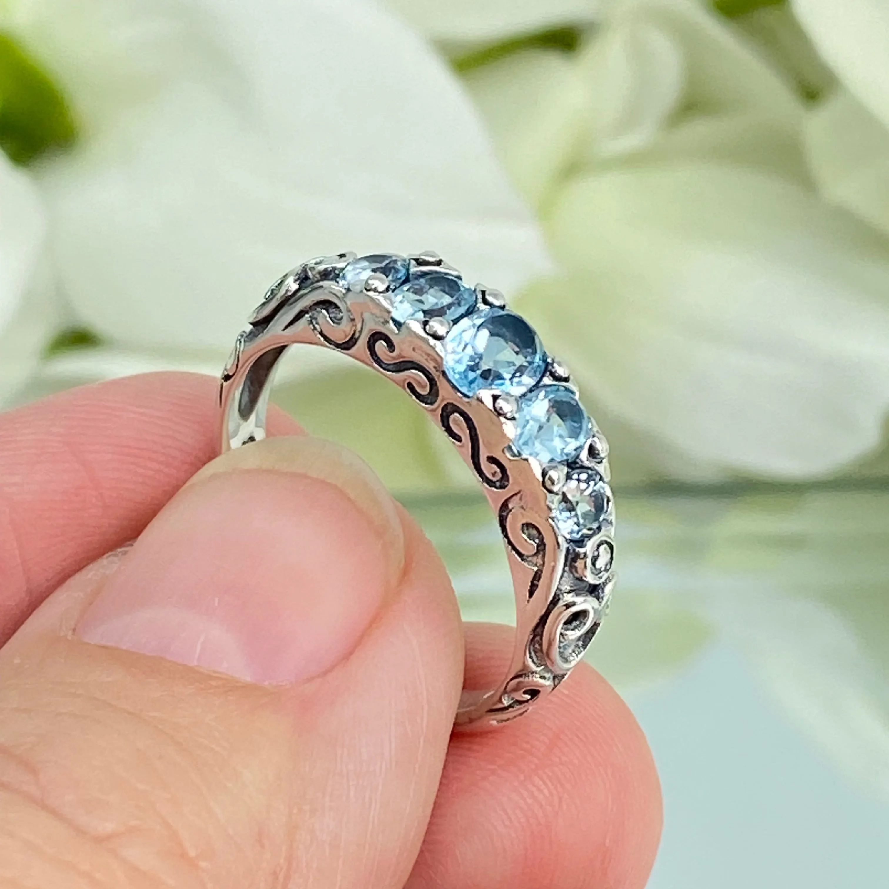 Natural Blue Topaz Ring, 5-Stone Georgian Ring, Victorian Jewelry Design#D19