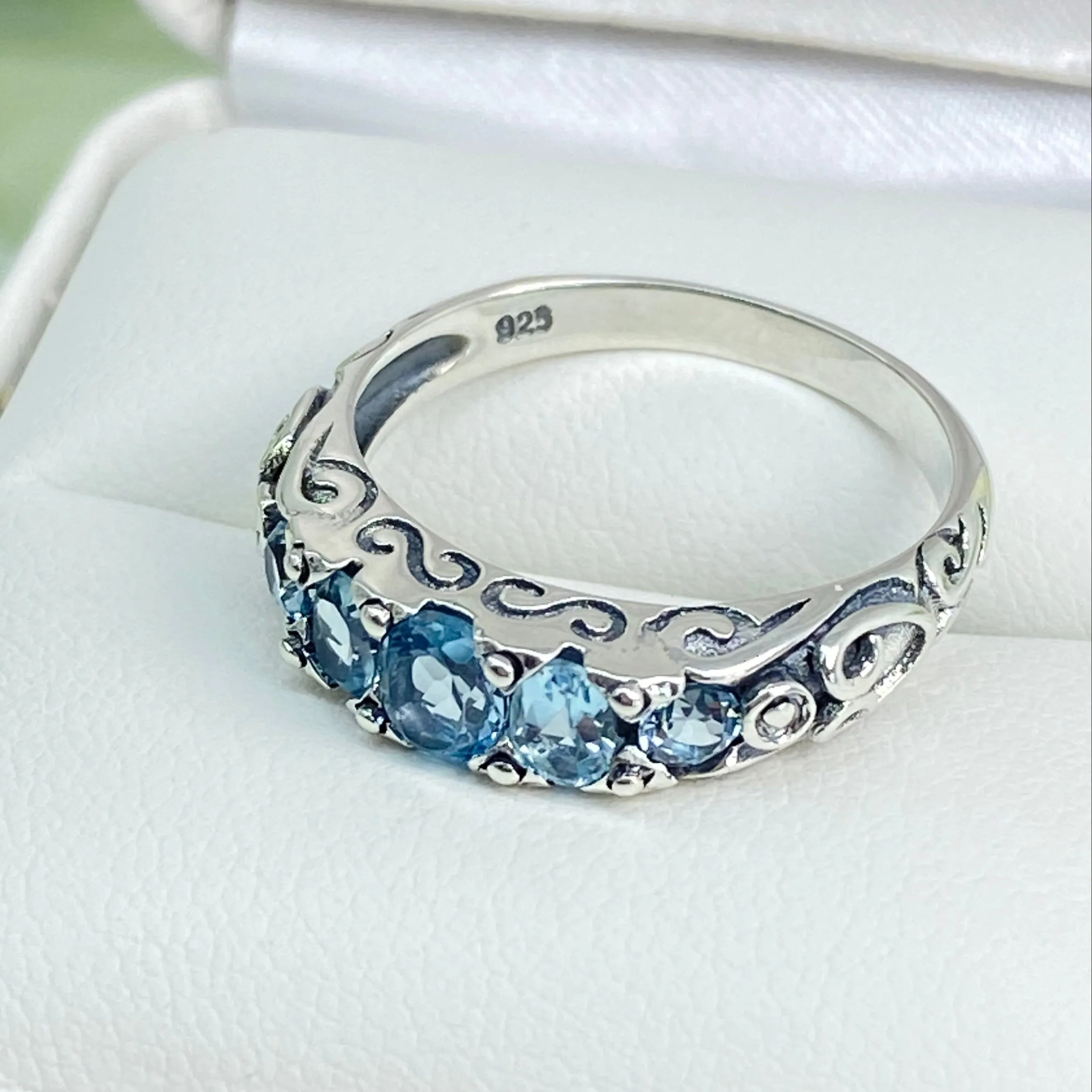 Natural Blue Topaz Ring, 5-Stone Georgian Ring, Victorian Jewelry Design#D19