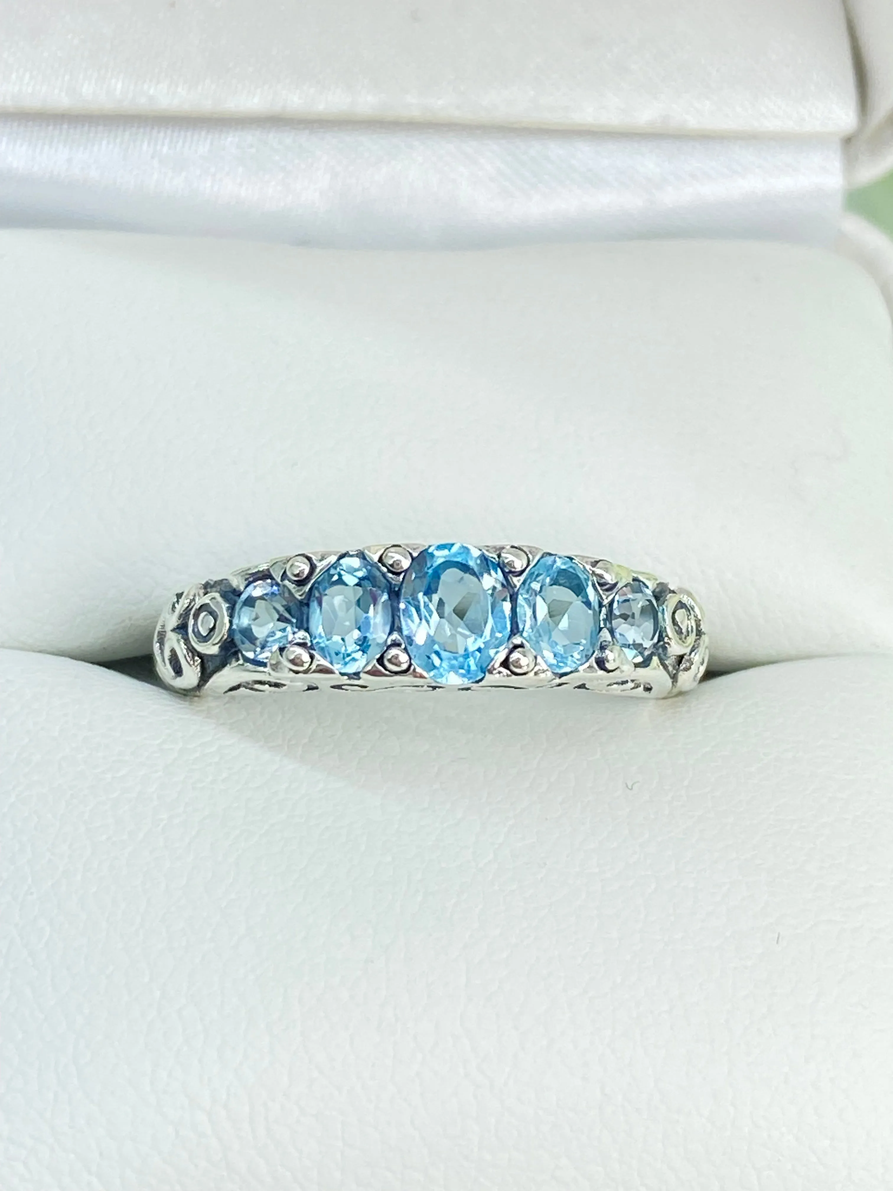 Natural Blue Topaz Ring, Size 8, 5-Stone Georgian Ring, Victorian Jewelry Design#D19 - Ready to Ship