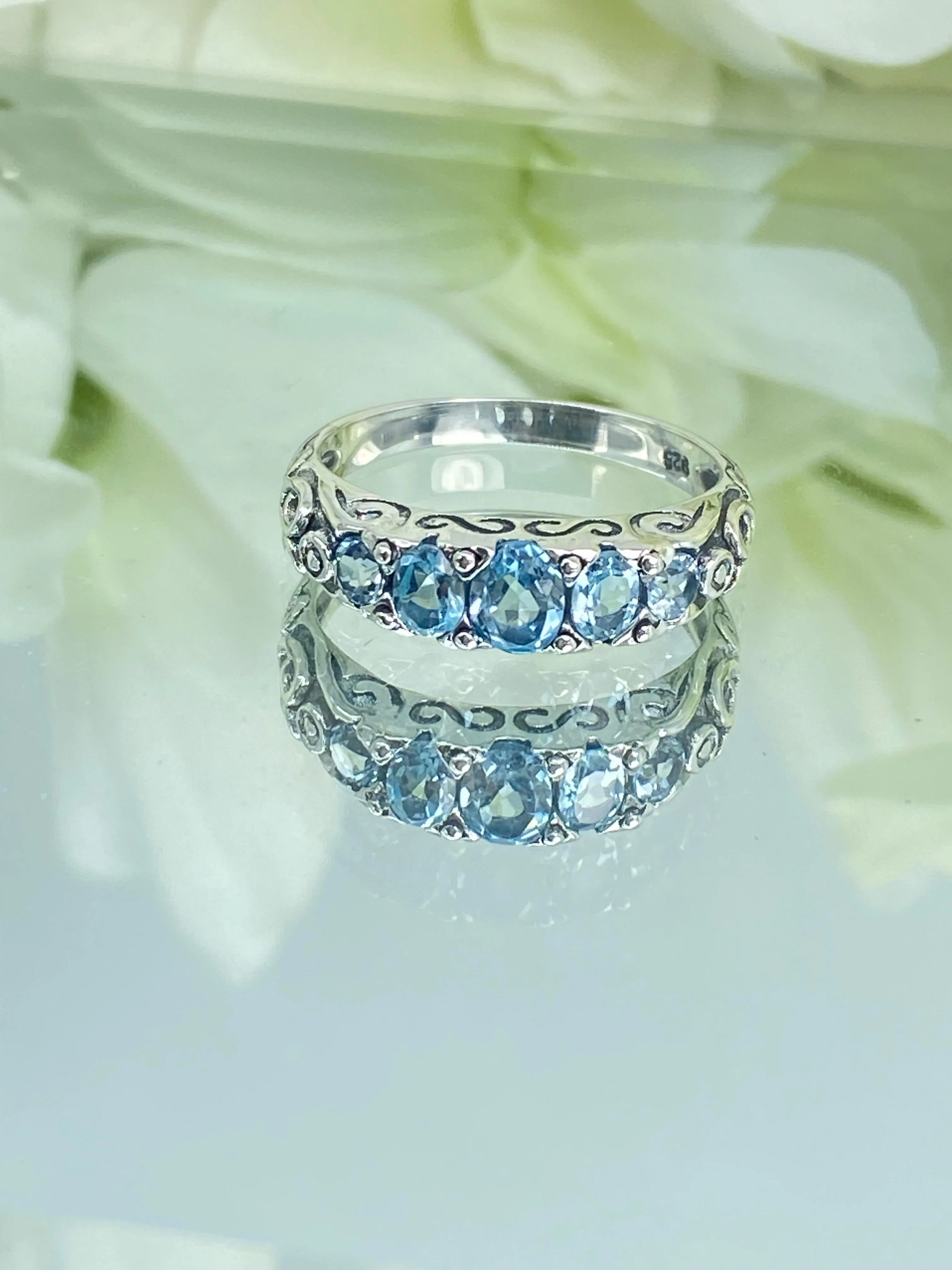 Natural Blue Topaz Ring, Size 8, 5-Stone Georgian Ring, Victorian Jewelry Design#D19 - Ready to Ship