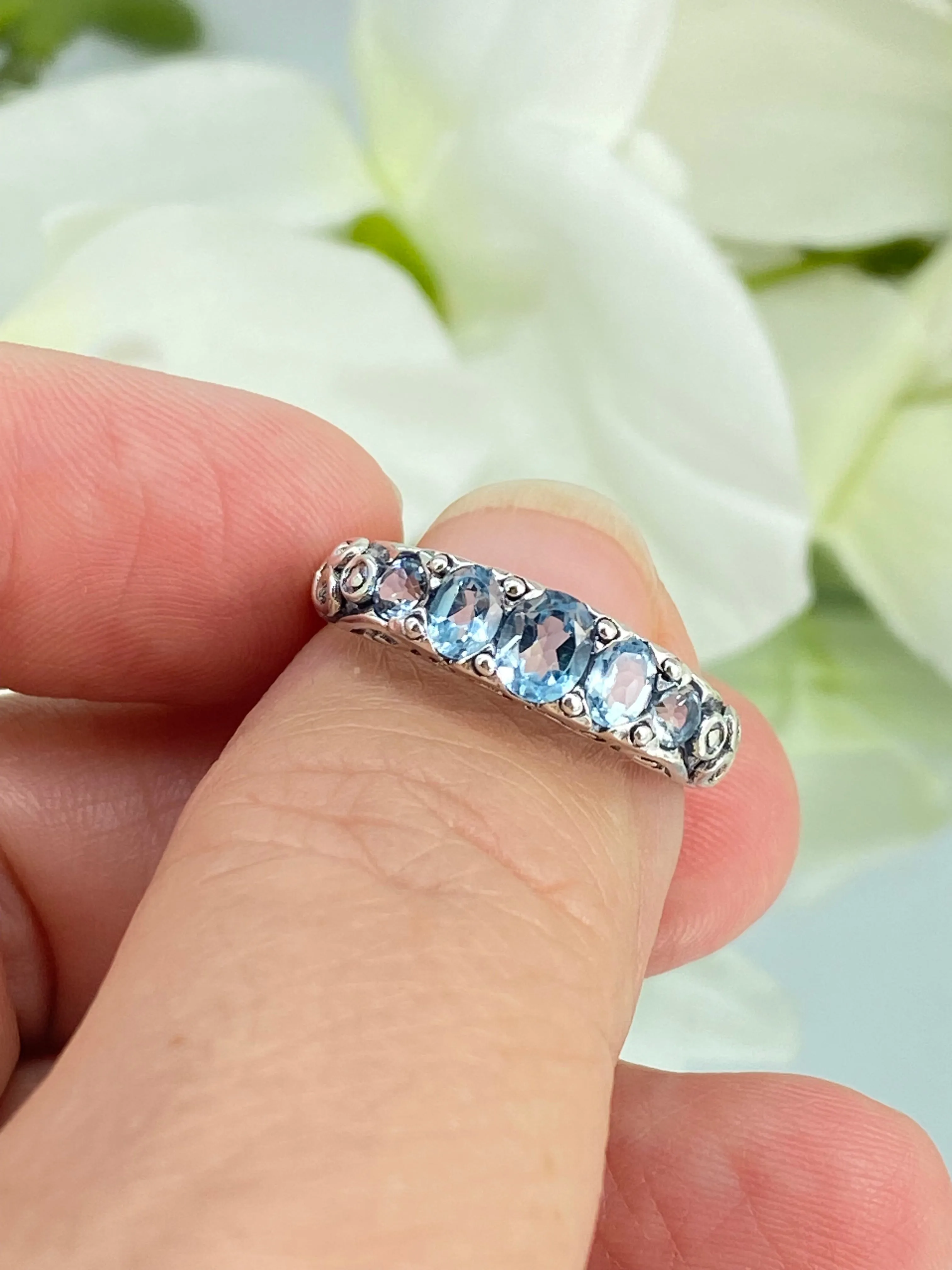 Natural Blue Topaz Ring, Size 8, 5-Stone Georgian Ring, Victorian Jewelry Design#D19 - Ready to Ship