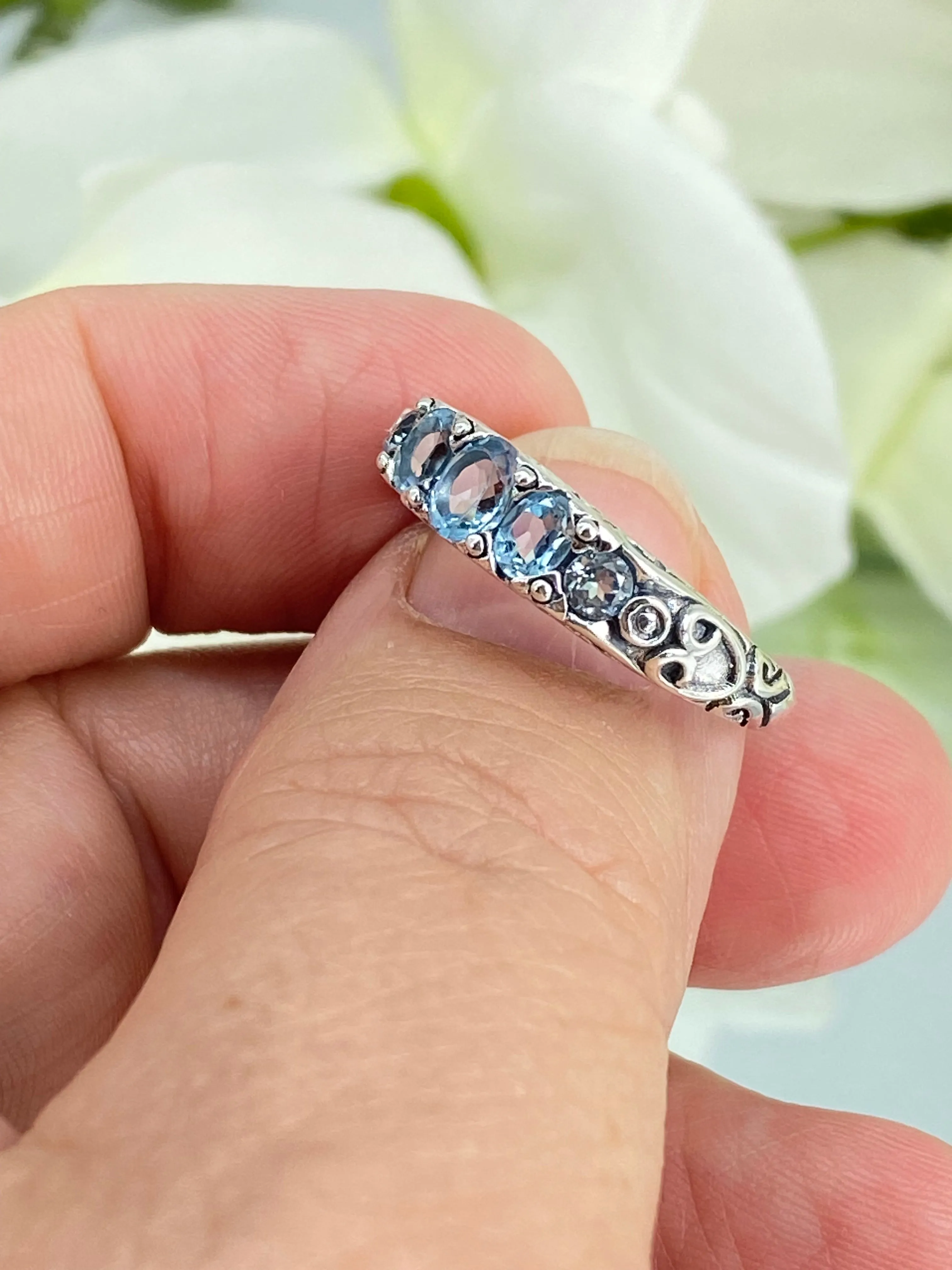 Natural Blue Topaz Ring, Size 8, 5-Stone Georgian Ring, Victorian Jewelry Design#D19 - Ready to Ship