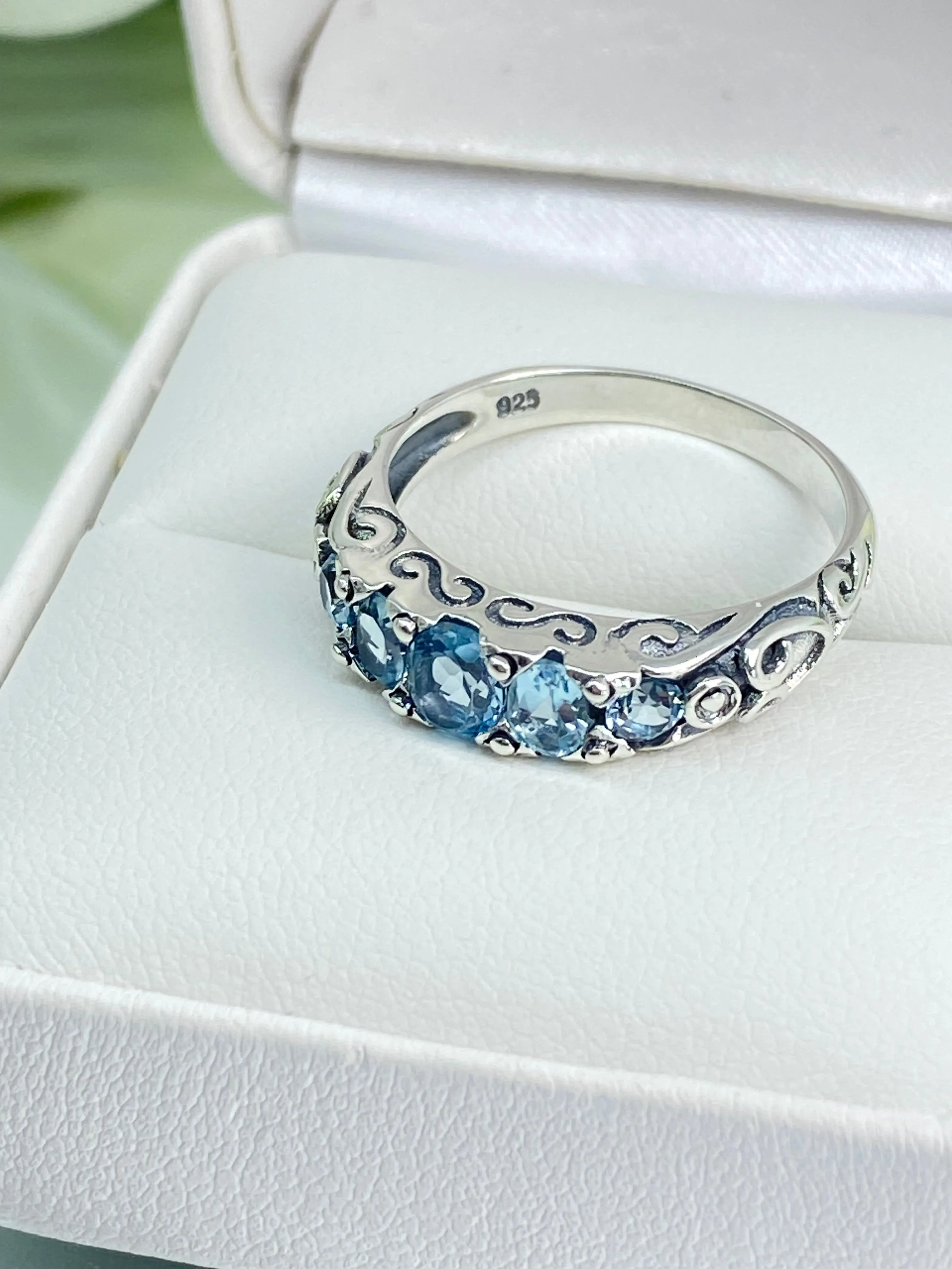 Natural Blue Topaz Ring, Size 8, 5-Stone Georgian Ring, Victorian Jewelry Design#D19 - Ready to Ship