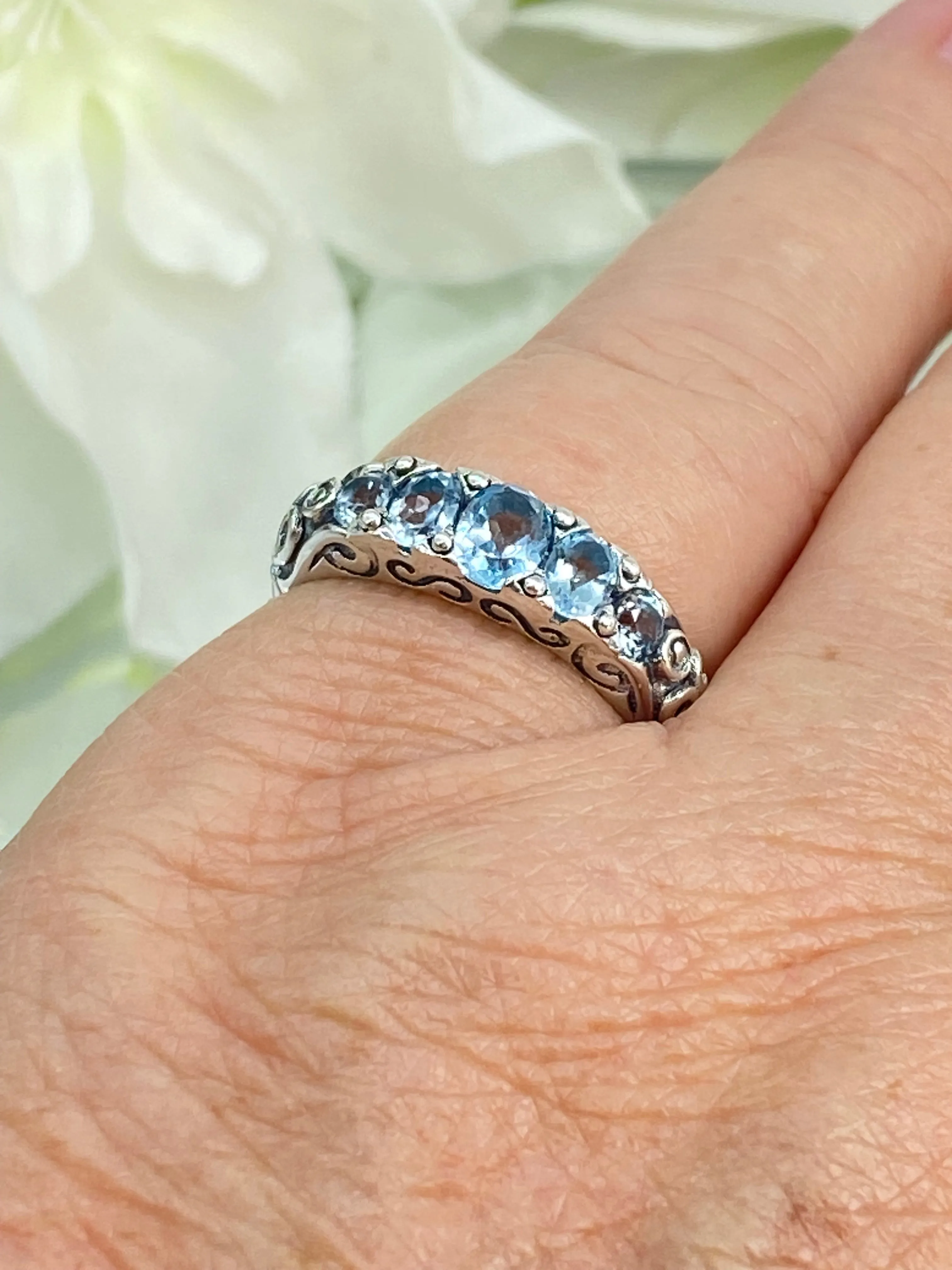 Natural Blue Topaz Ring, Size 8, 5-Stone Georgian Ring, Victorian Jewelry Design#D19 - Ready to Ship
