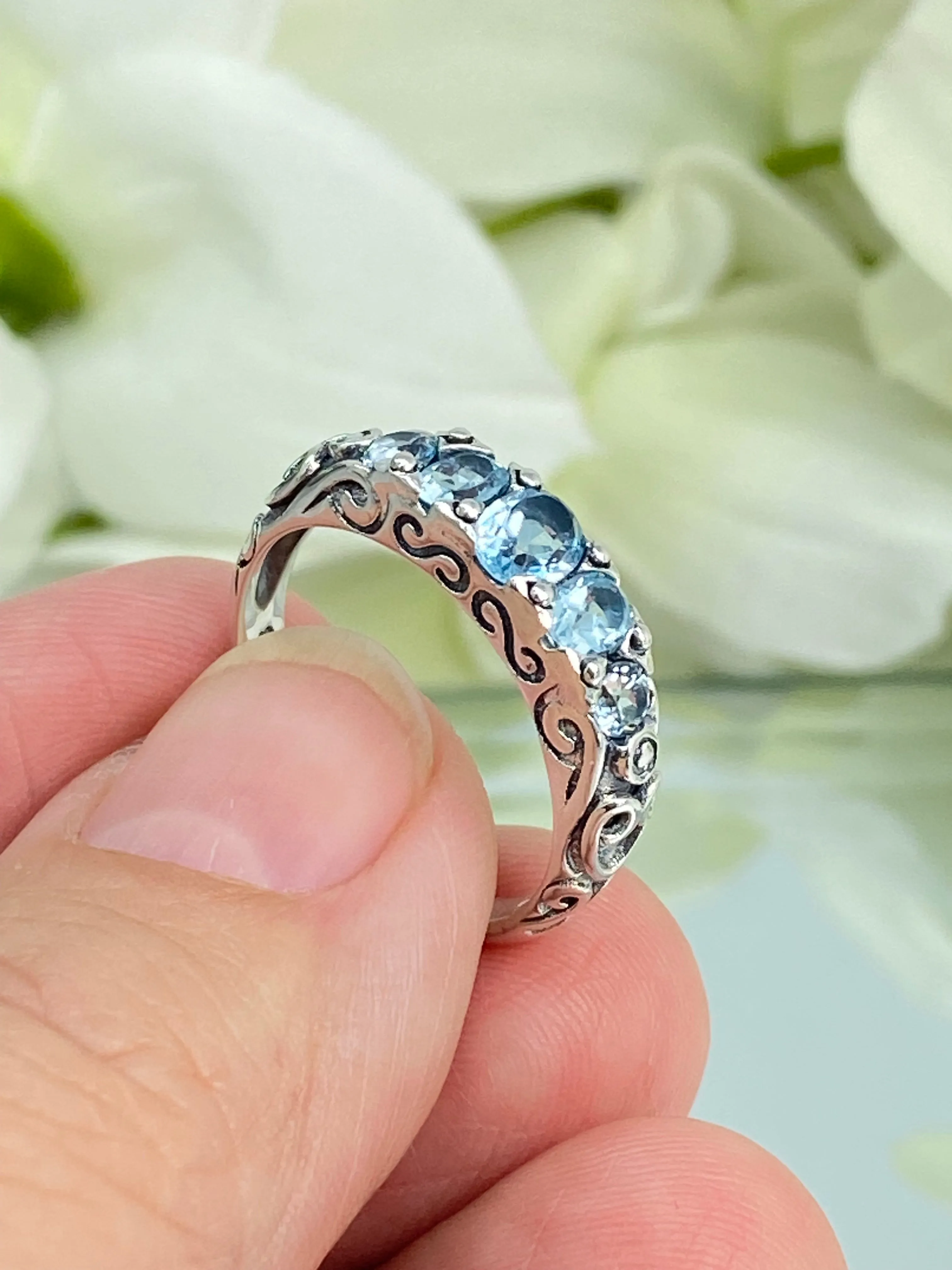 Natural Blue Topaz Ring, Size 8, 5-Stone Georgian Ring, Victorian Jewelry Design#D19 - Ready to Ship