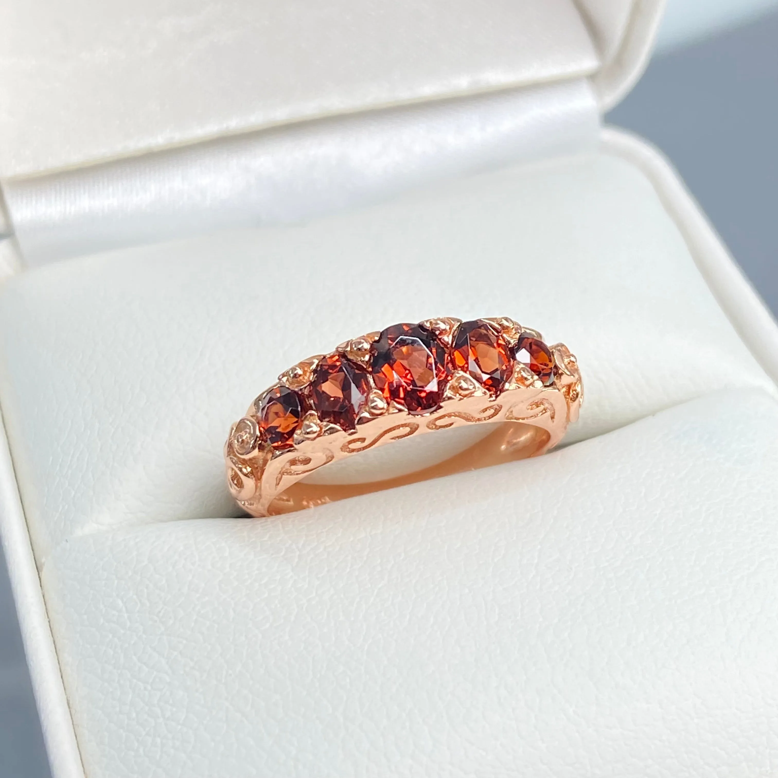 Natural Garnet Ring, Rose Gold, 5-Stone Georgian Victorian Jewelry #D19