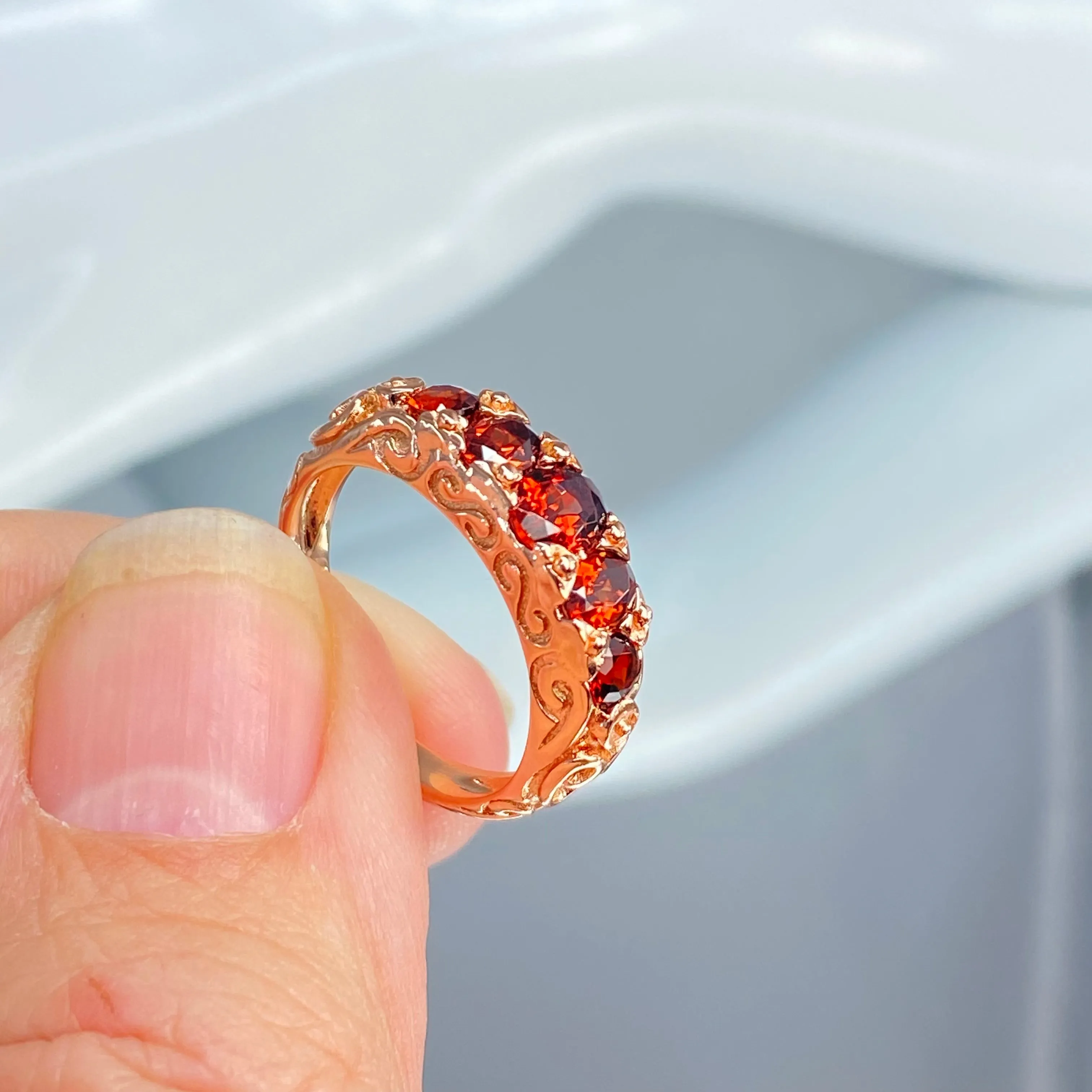 Natural Garnet Ring, Rose Gold, 5-Stone Georgian Victorian Jewelry #D19