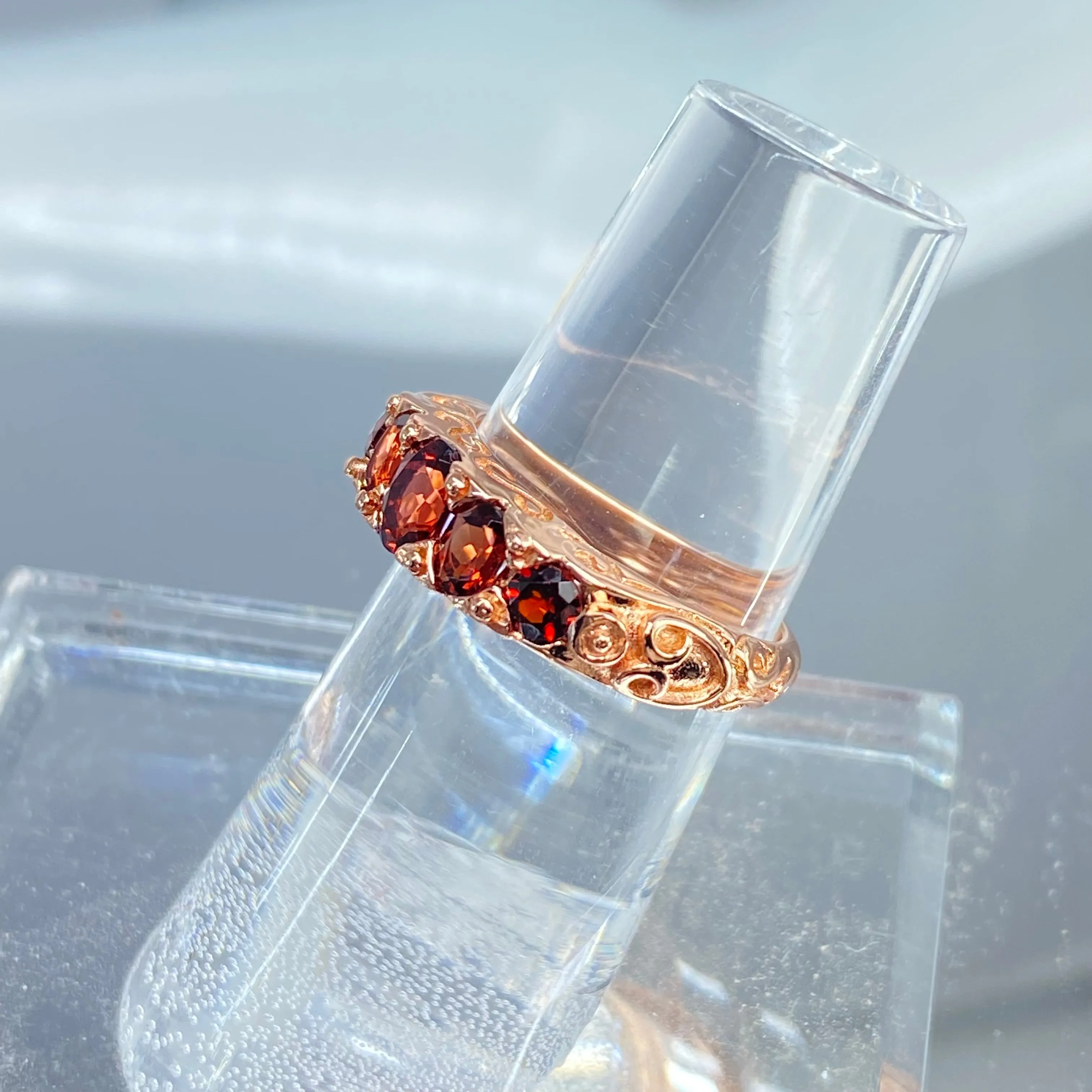 Natural Garnet Ring, Rose Gold, 5-Stone Georgian Victorian Jewelry #D19