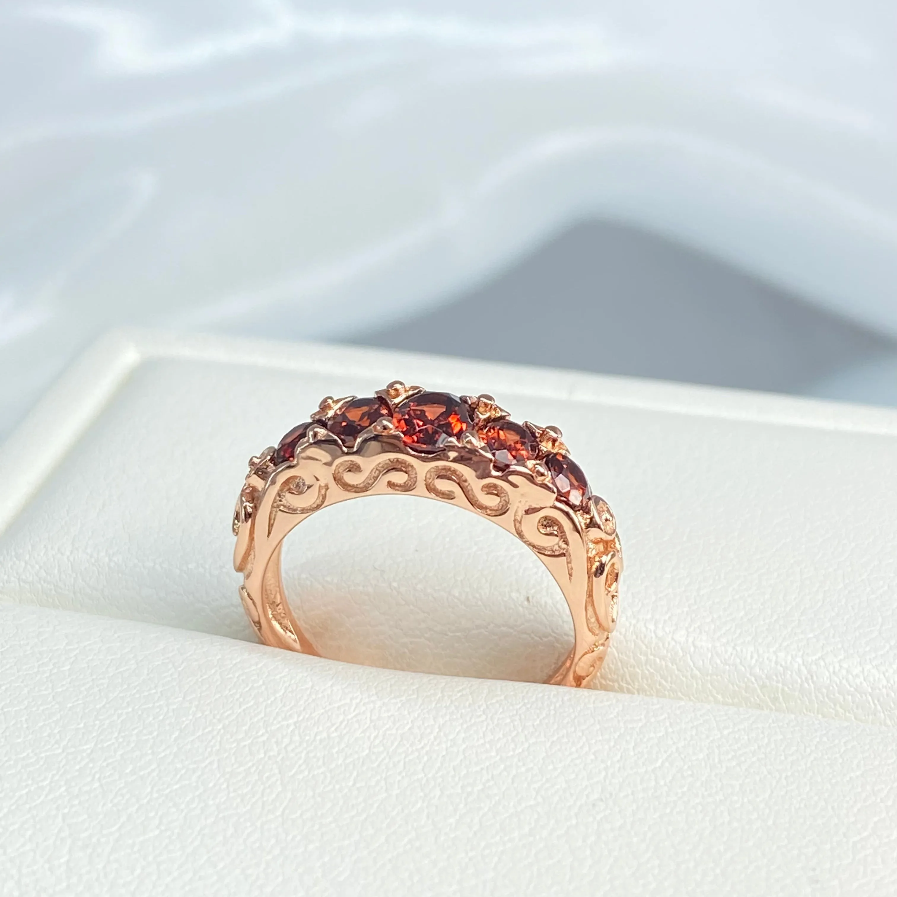Natural Garnet Ring, Rose Gold, 5-Stone Georgian Victorian Jewelry #D19