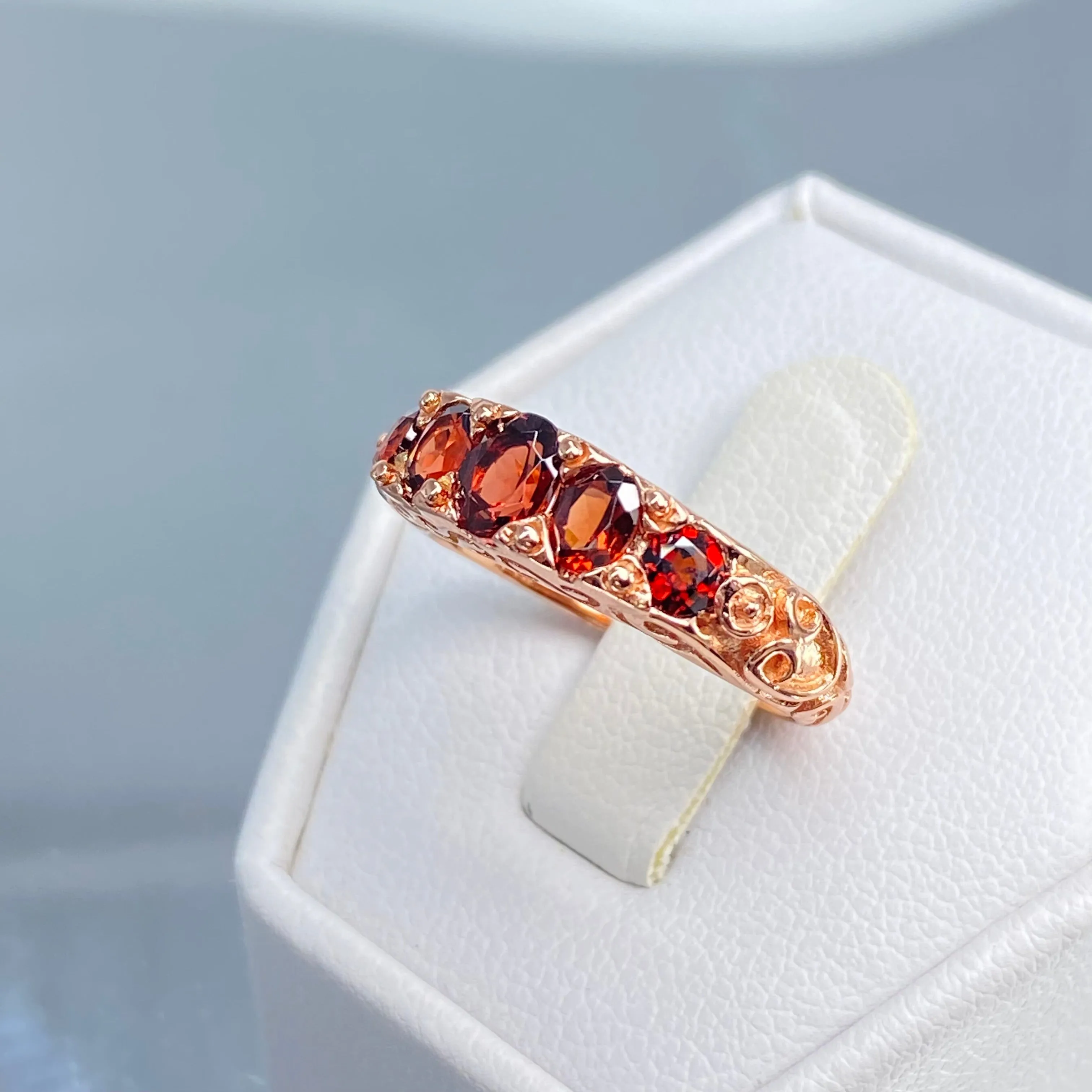 Natural Garnet Ring, Rose Gold, 5-Stone Georgian Victorian Jewelry #D19