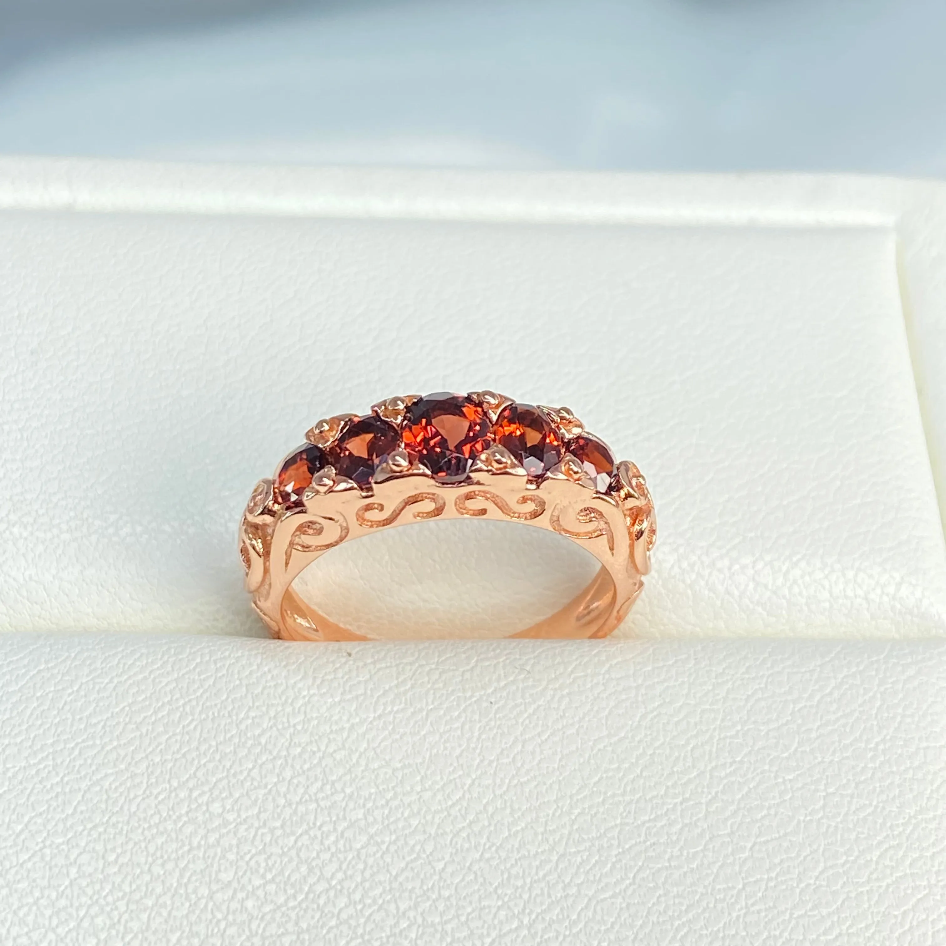 Natural Garnet Ring, Rose Gold, 5-Stone Georgian Victorian Jewelry #D19