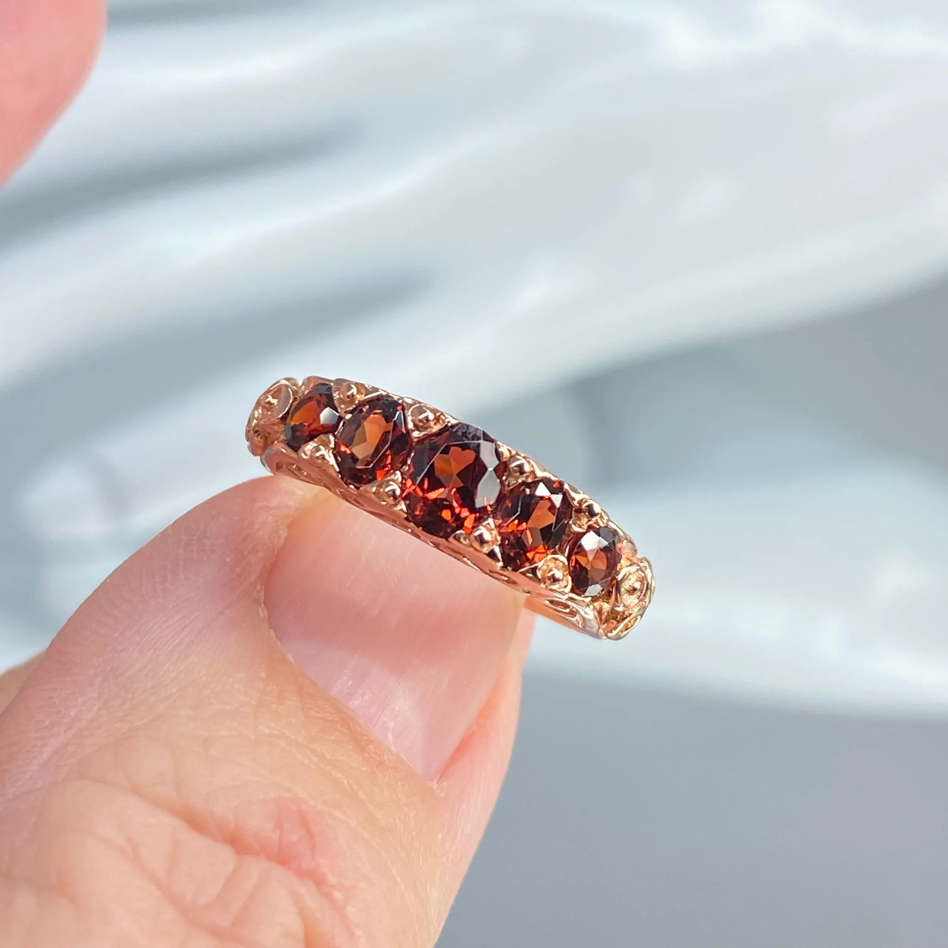 Natural Garnet Ring, Rose Gold, 5-Stone Georgian Victorian Jewelry #D19