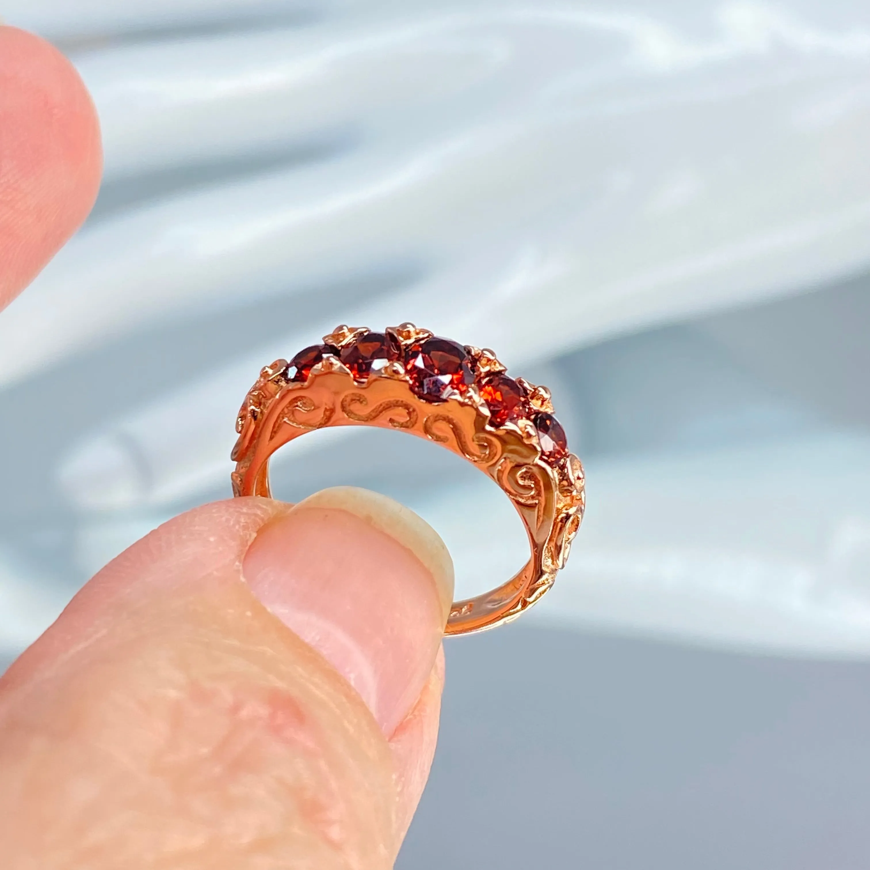 Natural Garnet Ring, Rose Gold, 5-Stone Georgian Victorian Jewelry #D19