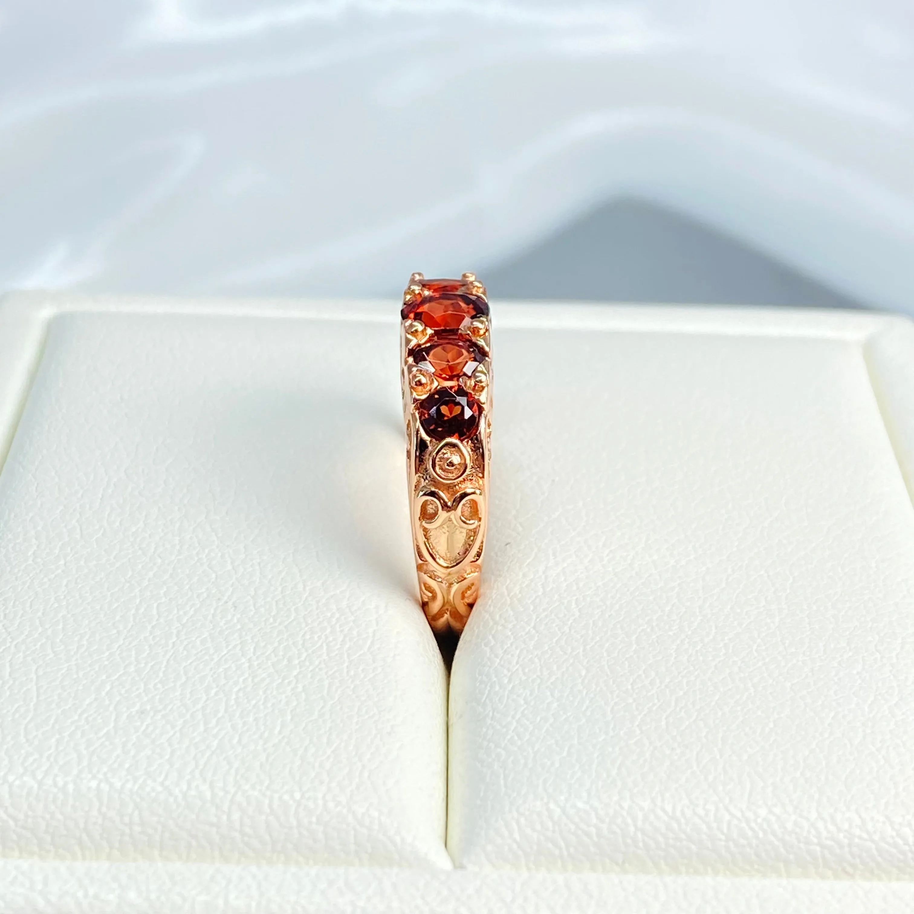 Natural Garnet Ring, Rose Gold, 5-Stone Georgian Victorian Jewelry #D19