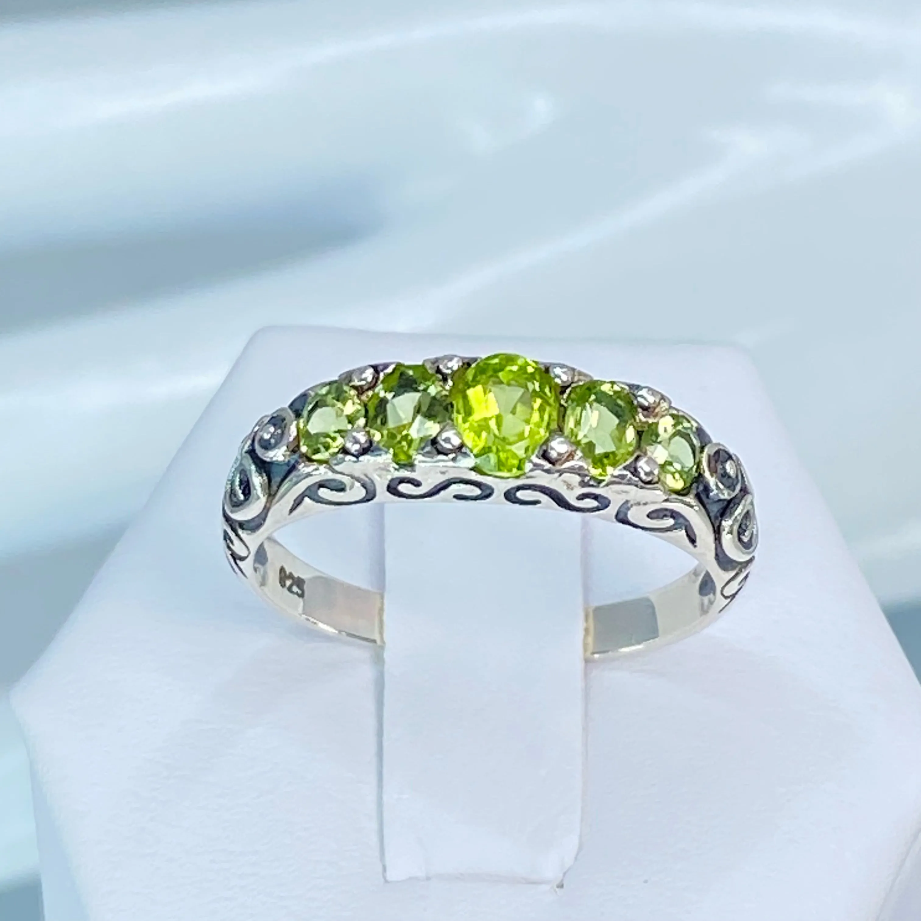 Natural Green Peridot Ring, Size 9, 5-Stone Georgian Ring, Victorian Jewelry #D19 - Ready to Ship