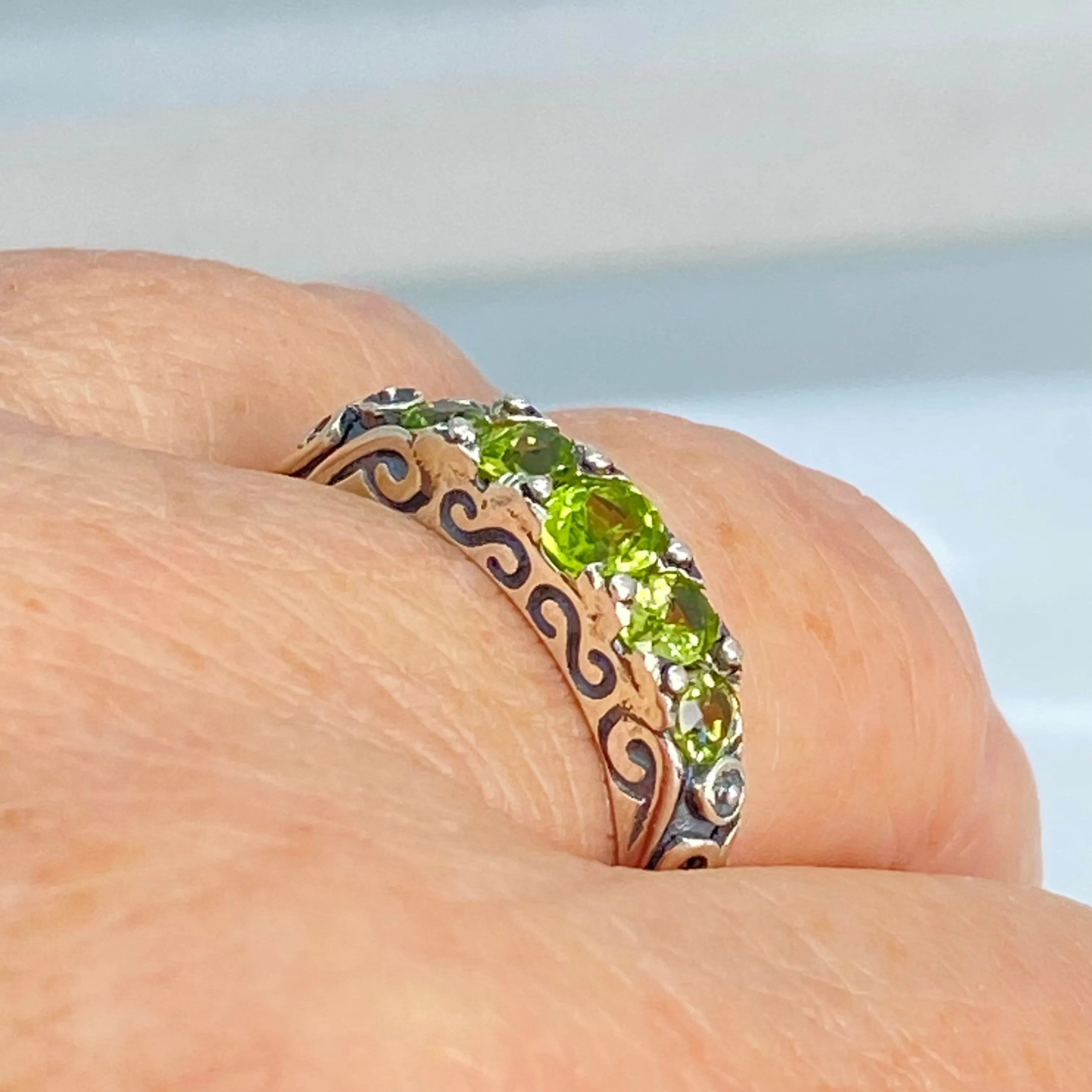 Natural Green Peridot Ring, Size 9, 5-Stone Georgian Ring, Victorian Jewelry #D19 - Ready to Ship