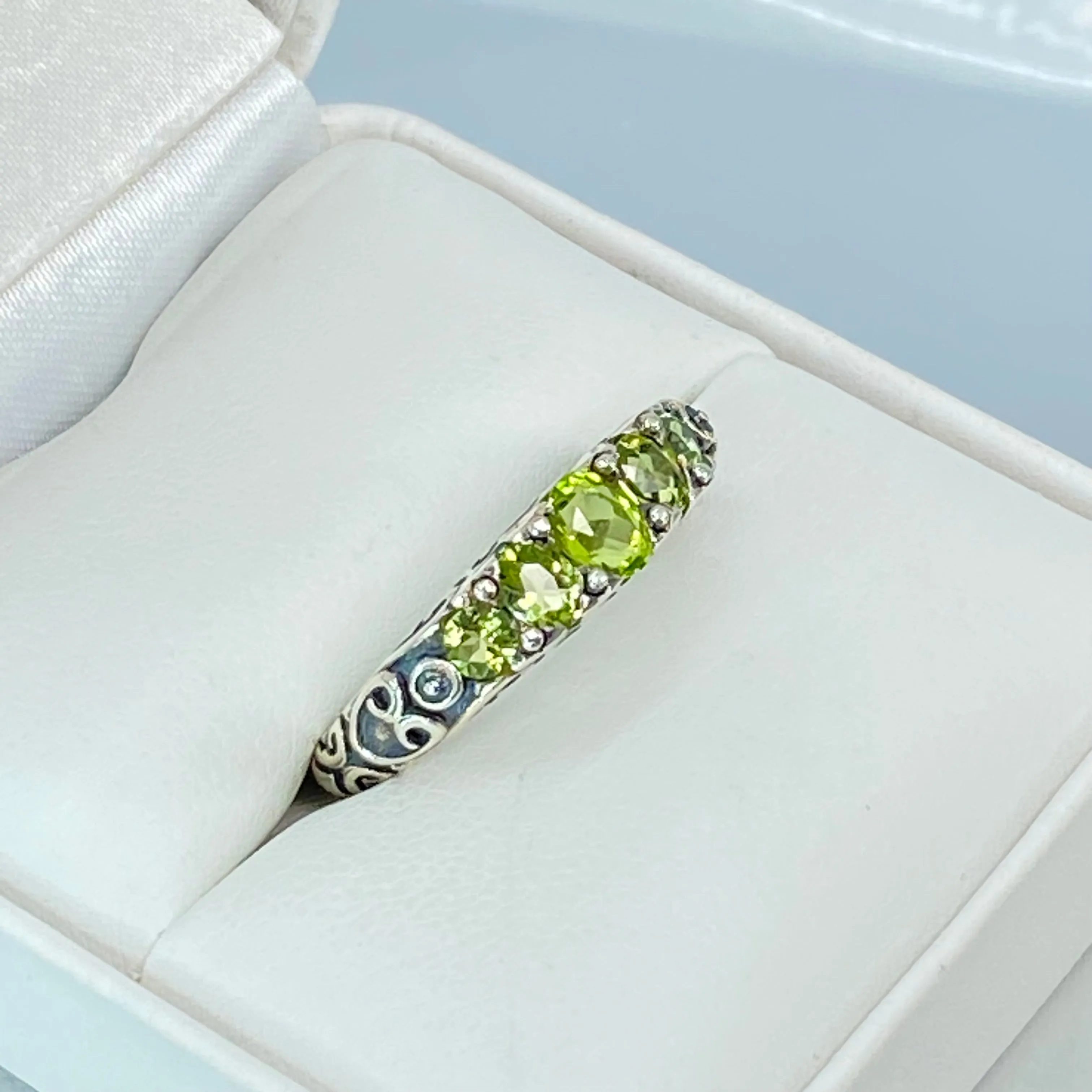 Natural Green Peridot Ring, Size 9, 5-Stone Georgian Ring, Victorian Jewelry #D19 - Ready to Ship