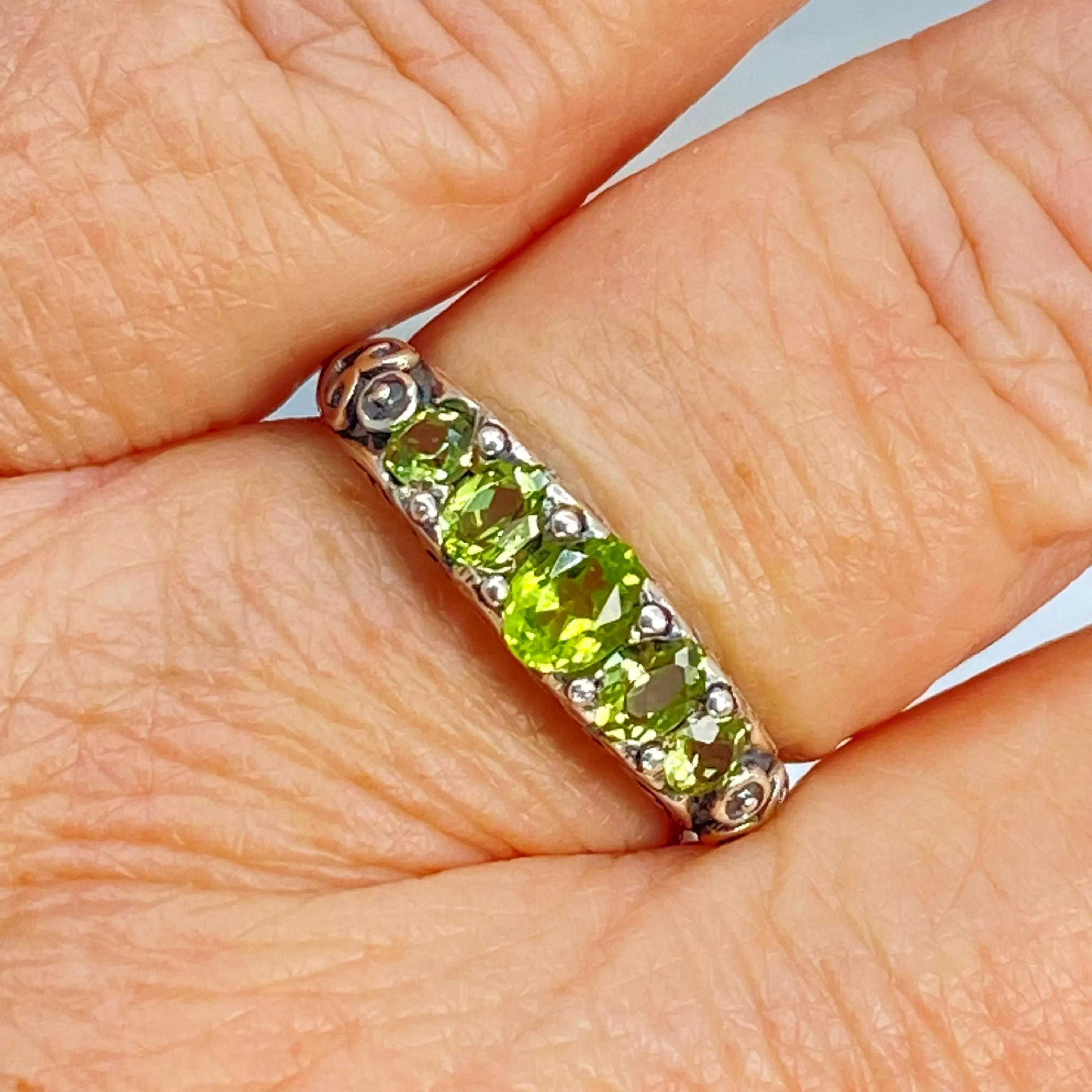 Natural Green Peridot Ring, Size 9, 5-Stone Georgian Ring, Victorian Jewelry #D19 - Ready to Ship