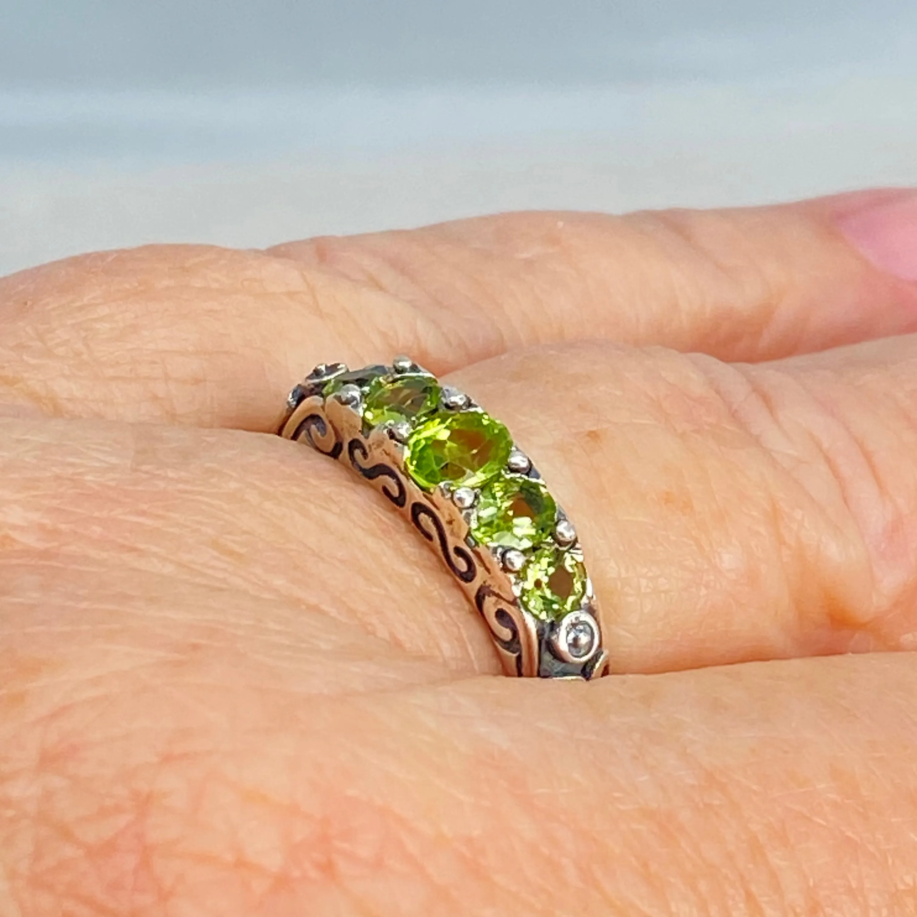 Natural Green Peridot Ring, Size 9, 5-Stone Georgian Ring, Victorian Jewelry #D19 - Ready to Ship