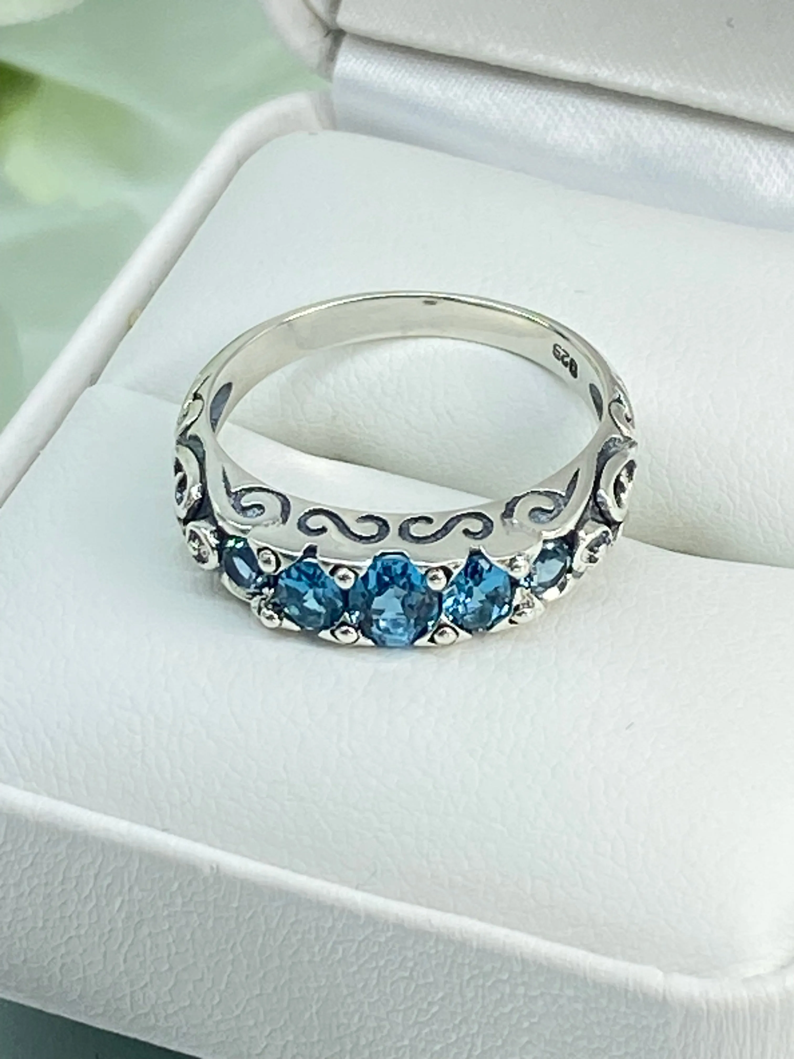 Natural London Blue Topaz Ring, 5-Stone Georgian Ring, Victorian Jewelry Design#D19