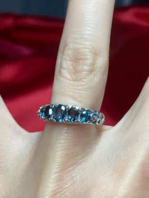 Natural London Blue Topaz Ring, 5-Stone Georgian Ring, Victorian Jewelry Design#D19