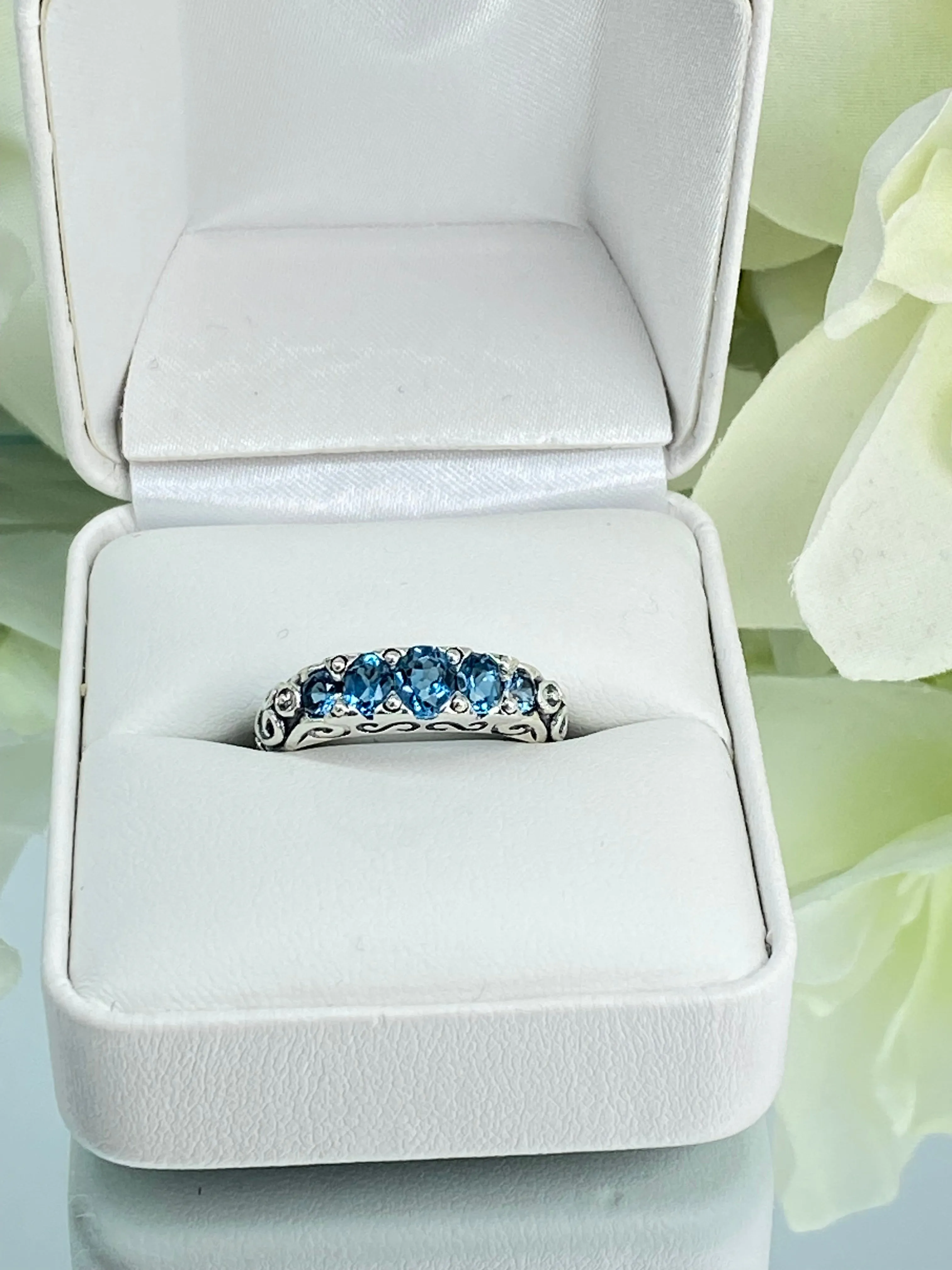 Natural London Blue Topaz Ring, 5-Stone Georgian Ring, Victorian Jewelry Design#D19