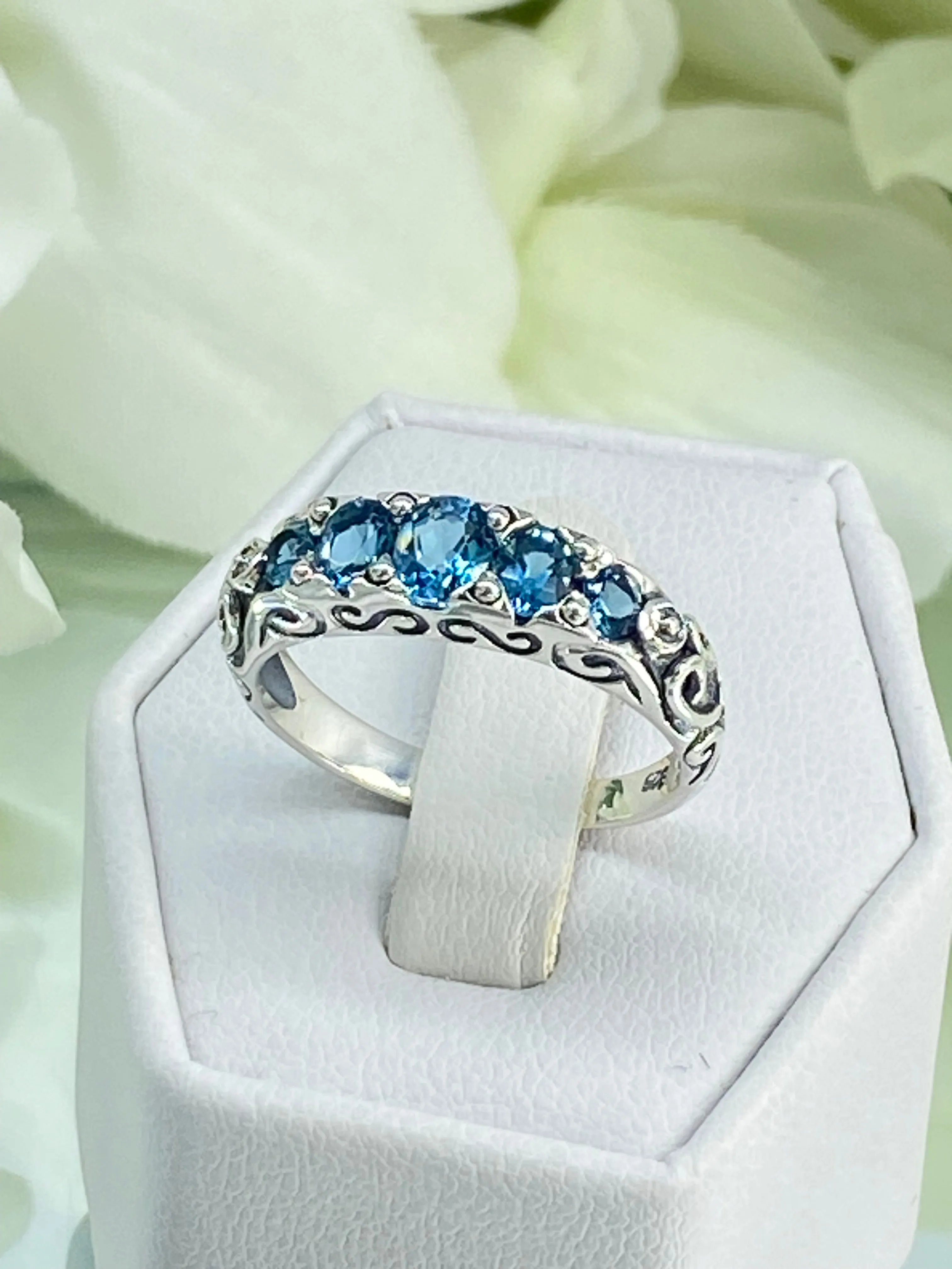 Natural London Blue Topaz Ring, 5-Stone Georgian Ring, Victorian Jewelry Design#D19