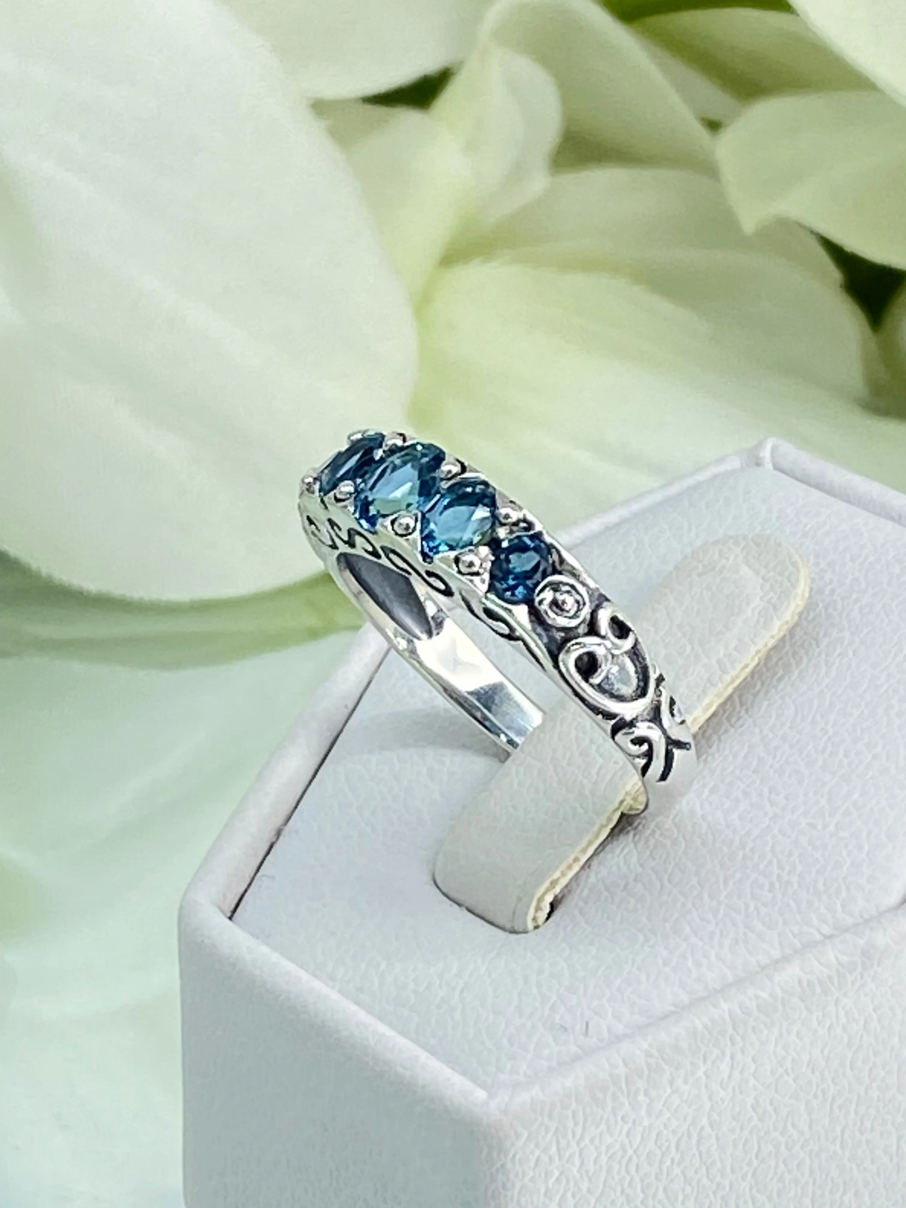 Natural London Blue Topaz Ring, Size 8, 5-Stone Georgian Ring, Victorian Jewelry Design#D19 - Ready to Ship
