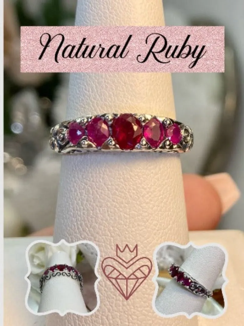 Natural Ruby Ring, Size 7 Ring, Five-stone Georgian Victorian Jewelry #D19 - Ready to Ship