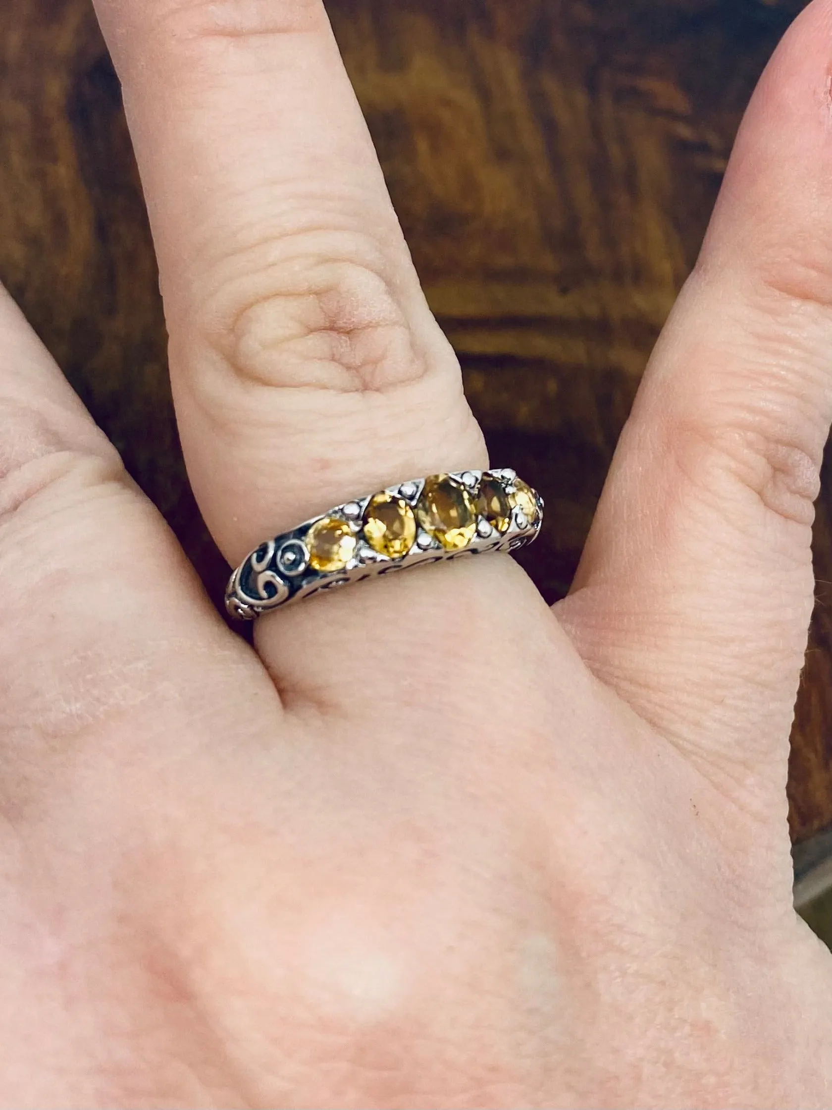 Natural Yellow Citrine Ring, Size 9 Ring, 5-Stone Georgian Ring, Victorian Jewelry Design#D19 - Ready to Ship