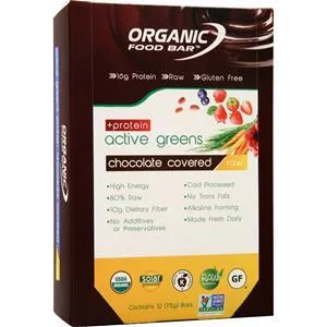Organic Food Bar Active Greens   Protein Raw Bar Chocolate Covered 12 bars