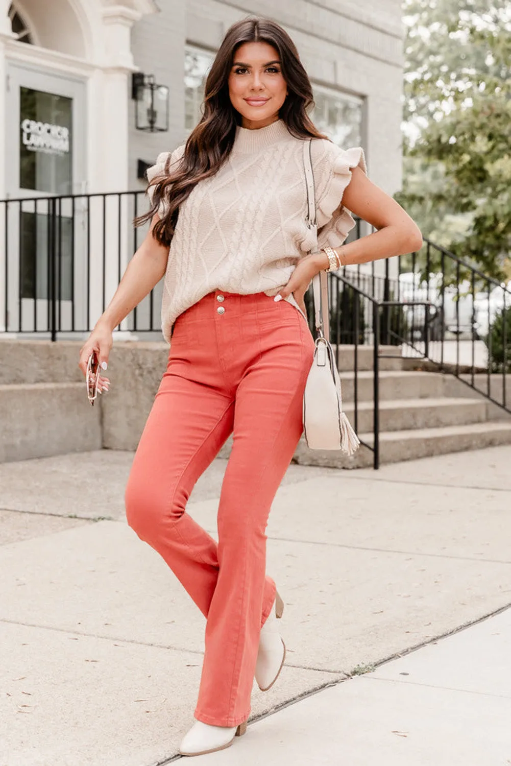 Parchment Retro Cable Knit Ruffle Sleeveless Sweater