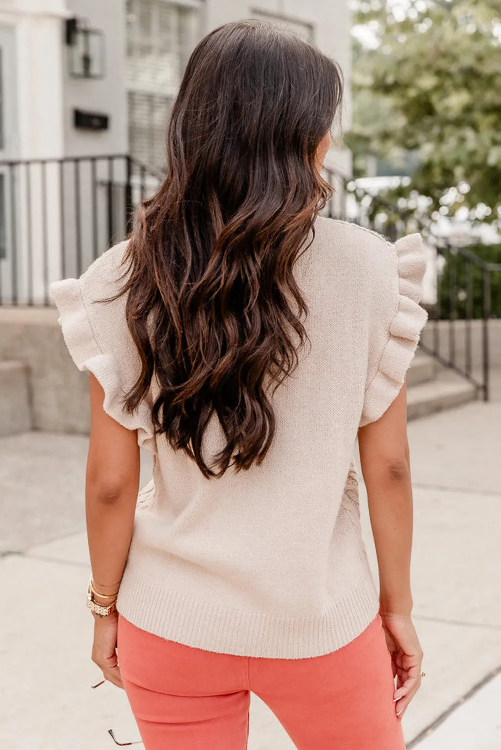Parchment Retro Cable Knit Ruffle Sleeveless Sweater