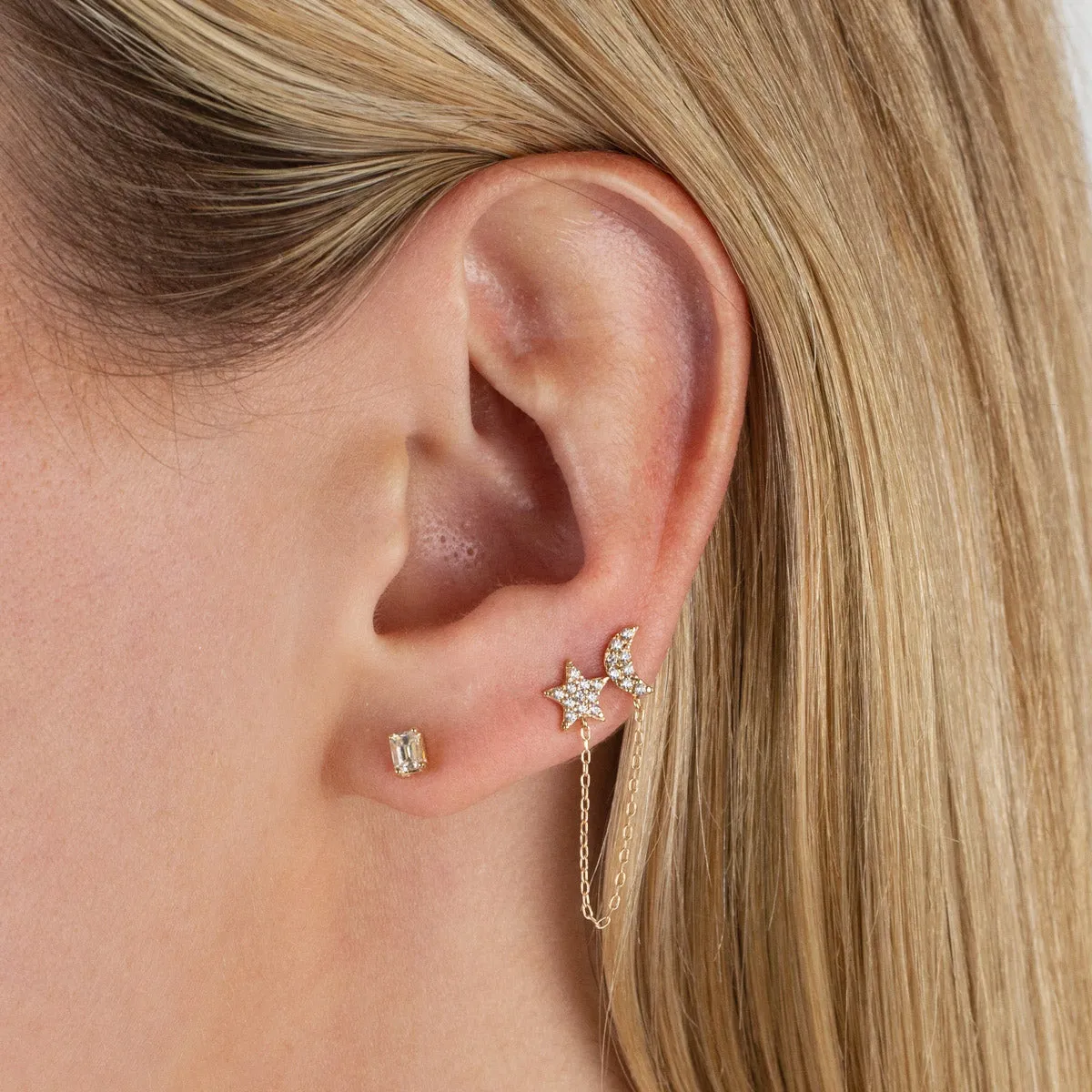 Pavé Moon X Star Chain Stud Earring 14K
