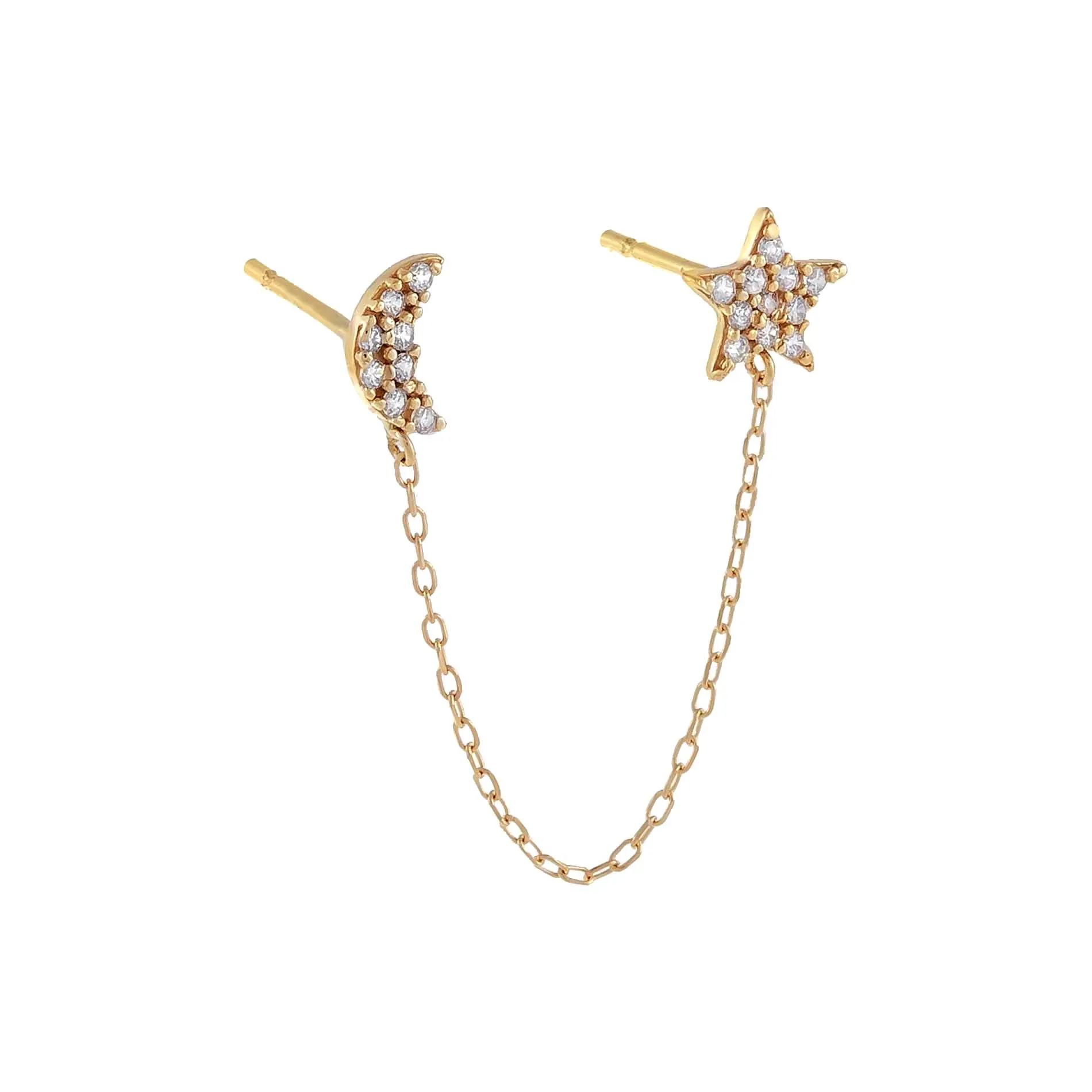 Pavé Moon X Star Chain Stud Earring 14K