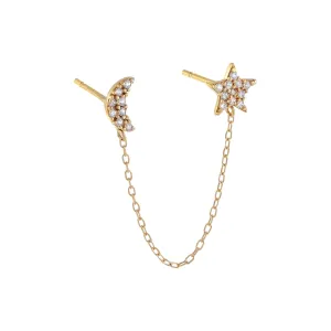 Pavé Moon X Star Chain Stud Earring 14K